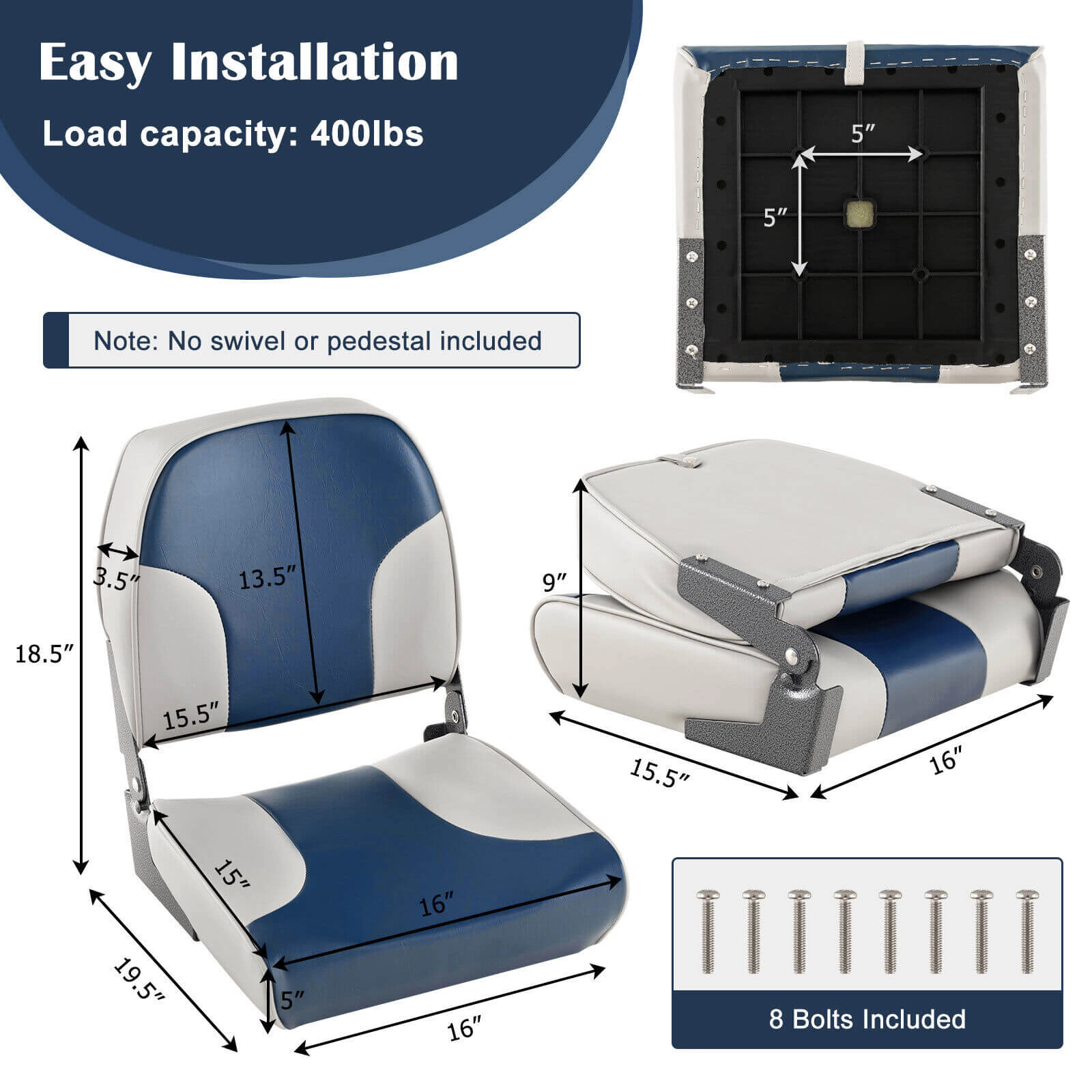 SUGIFT Folding Low Back Boat Seat Set with Sponge Padding and Aluminum Hinges 400-lb Capacity Blue
