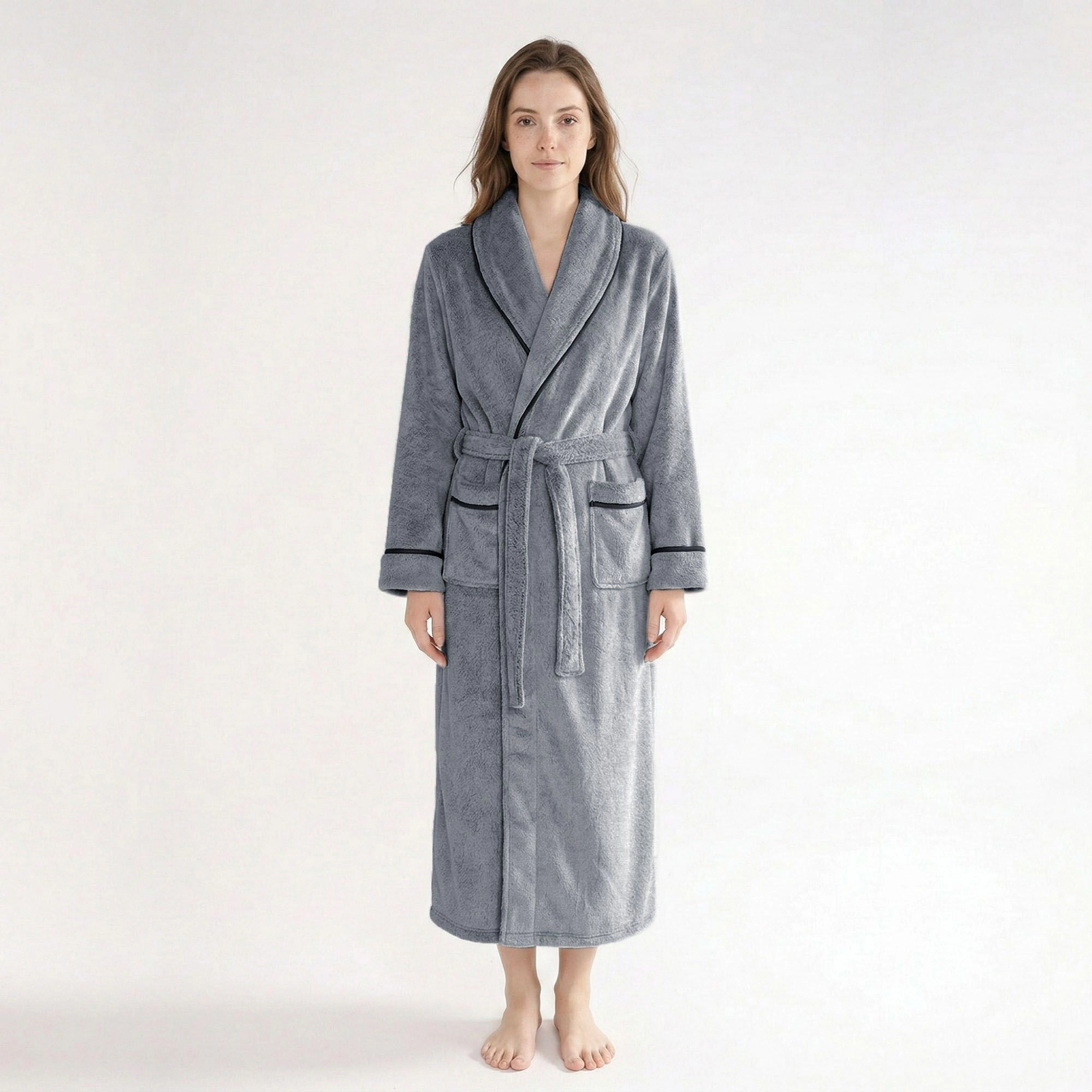Anna-Kaci Women's Plush Long Sleeve Shawl Collar Bathrobe with Contrast Trim and Adjustable Waist Tie Belt