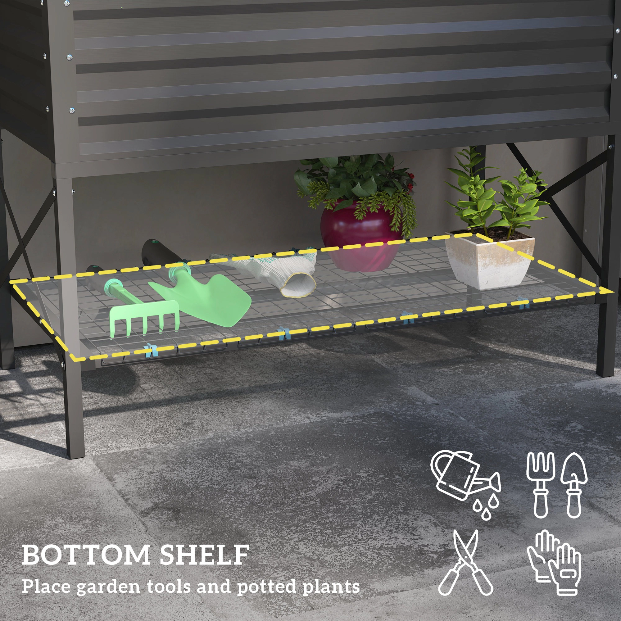 HONGGE Galvanized Raised Garden Bed, Metal Planter Box with Legs, Storage Shelf and Bed Liner