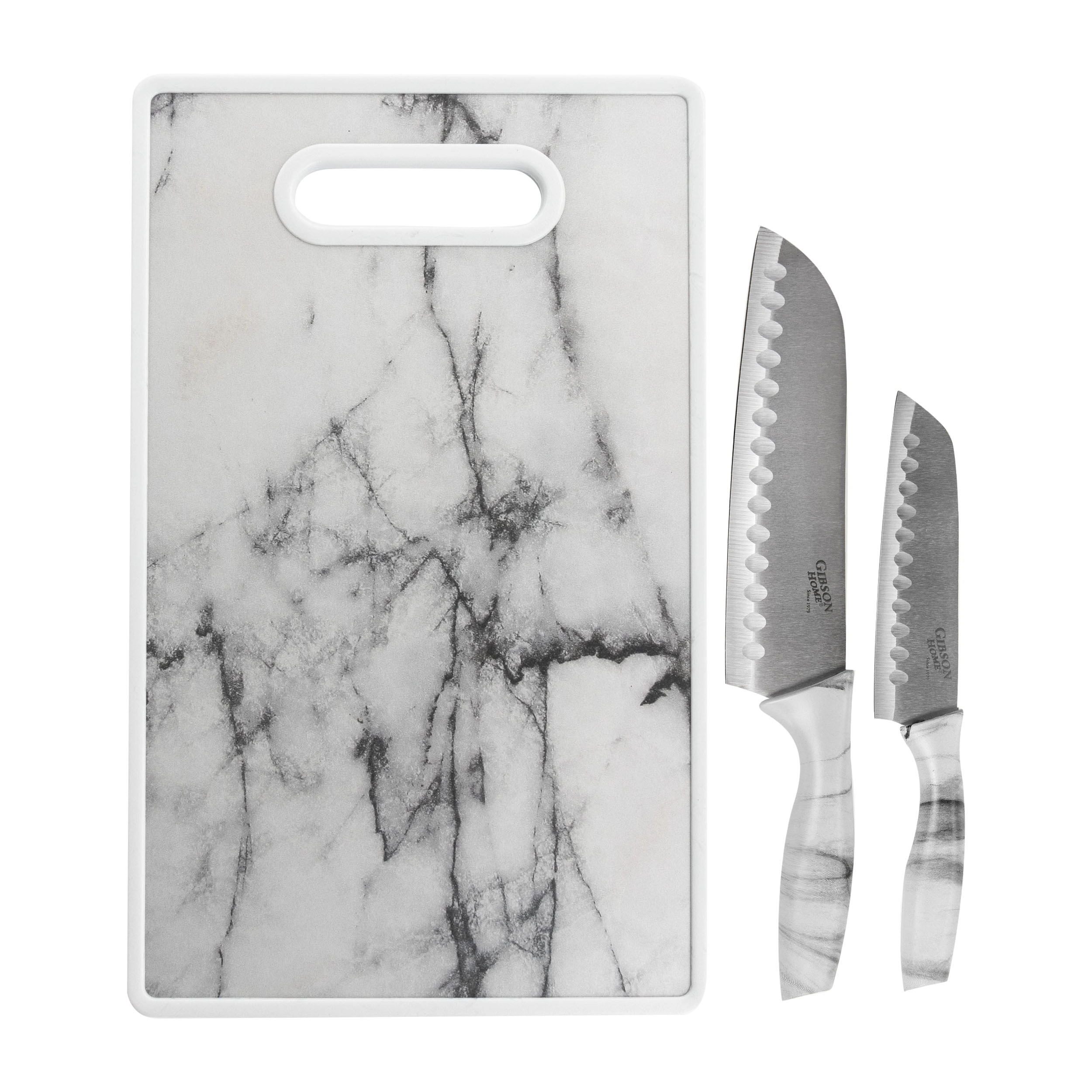 Gibson Home Beaumont 3 Piece Stainless Steel Santoku Knife Set with Cutting Board in White Marble
