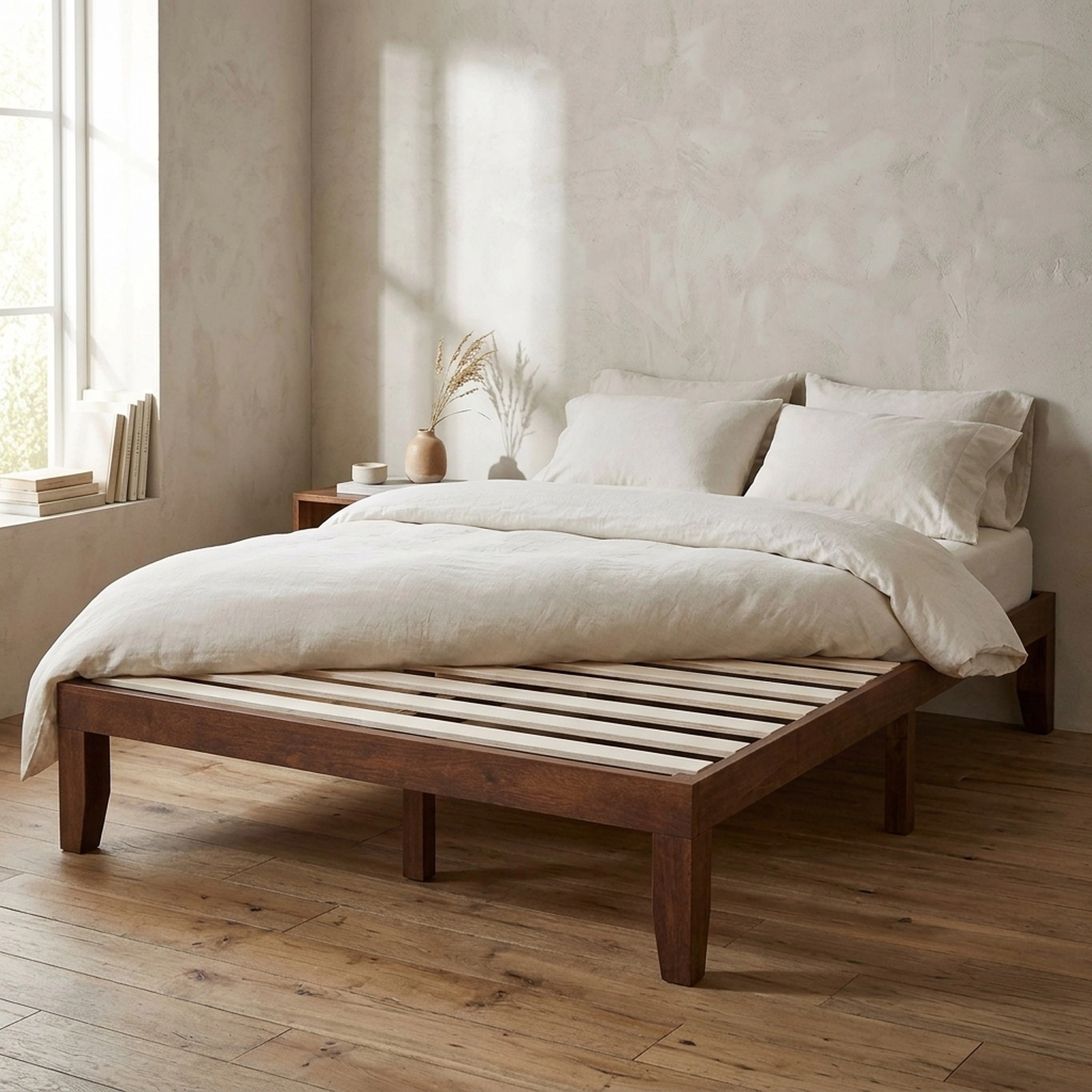 14-in Full Size Solid Wood Platform Bed Frame with 14 Poplar Slats 10 Support Legs Coffee