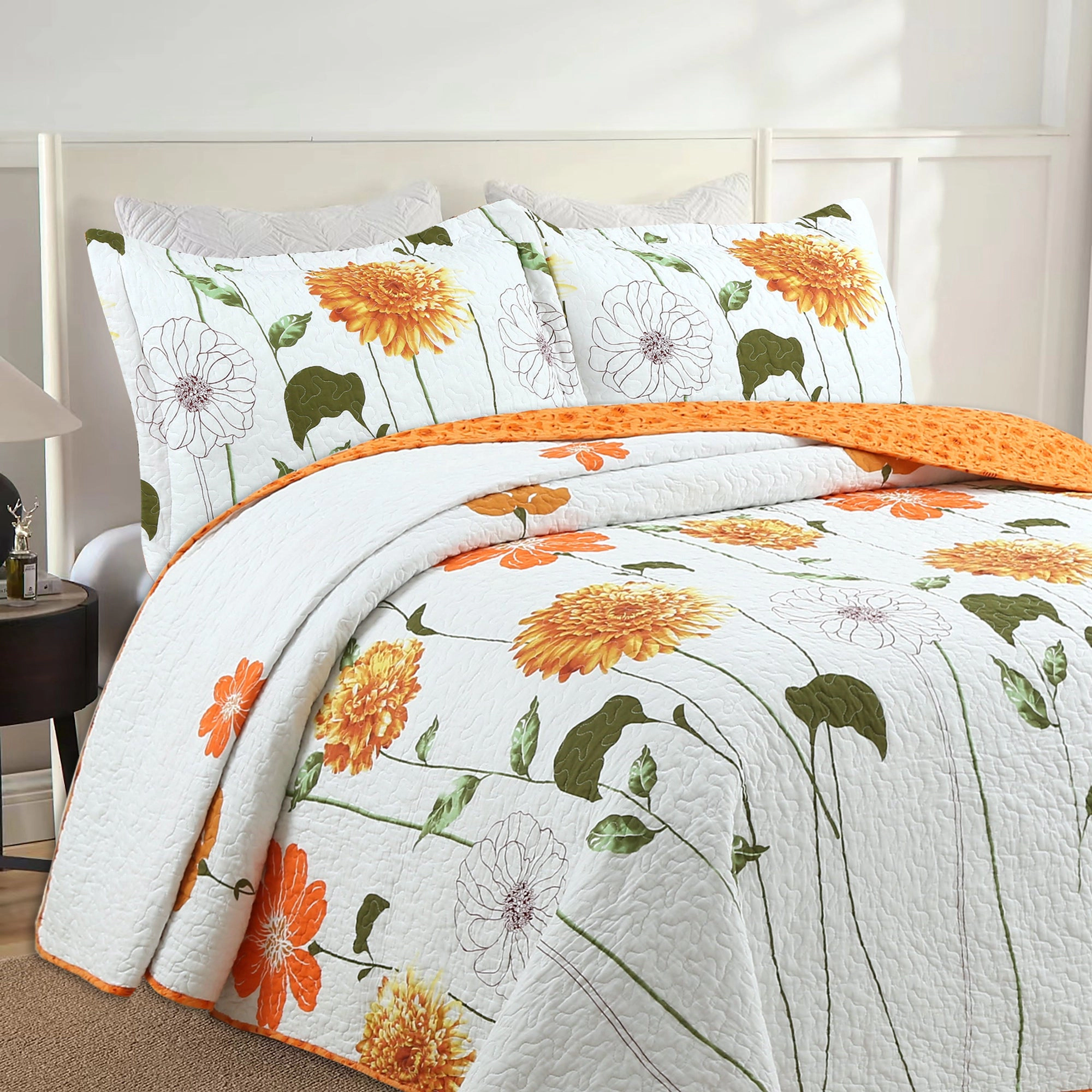 MarCielo 3 Piece Cotton Botanical Floral Quilt Set – Lightweight Reversible Bedspread Set