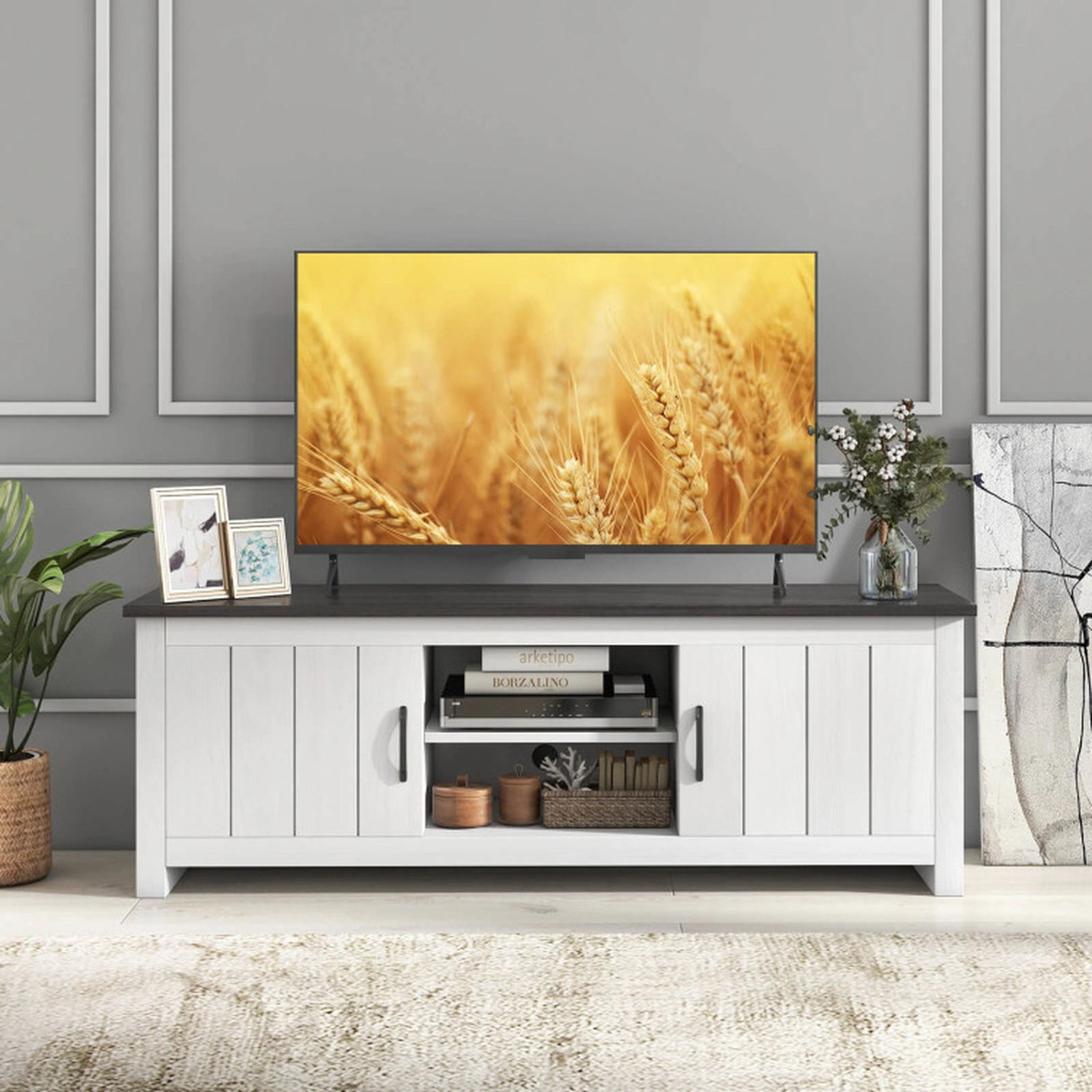 SUGIFT TV Stand with 2 Cabinets and Open Shelves 410-Lb Total Capacity for TVs Black Cabinet Top and White Base