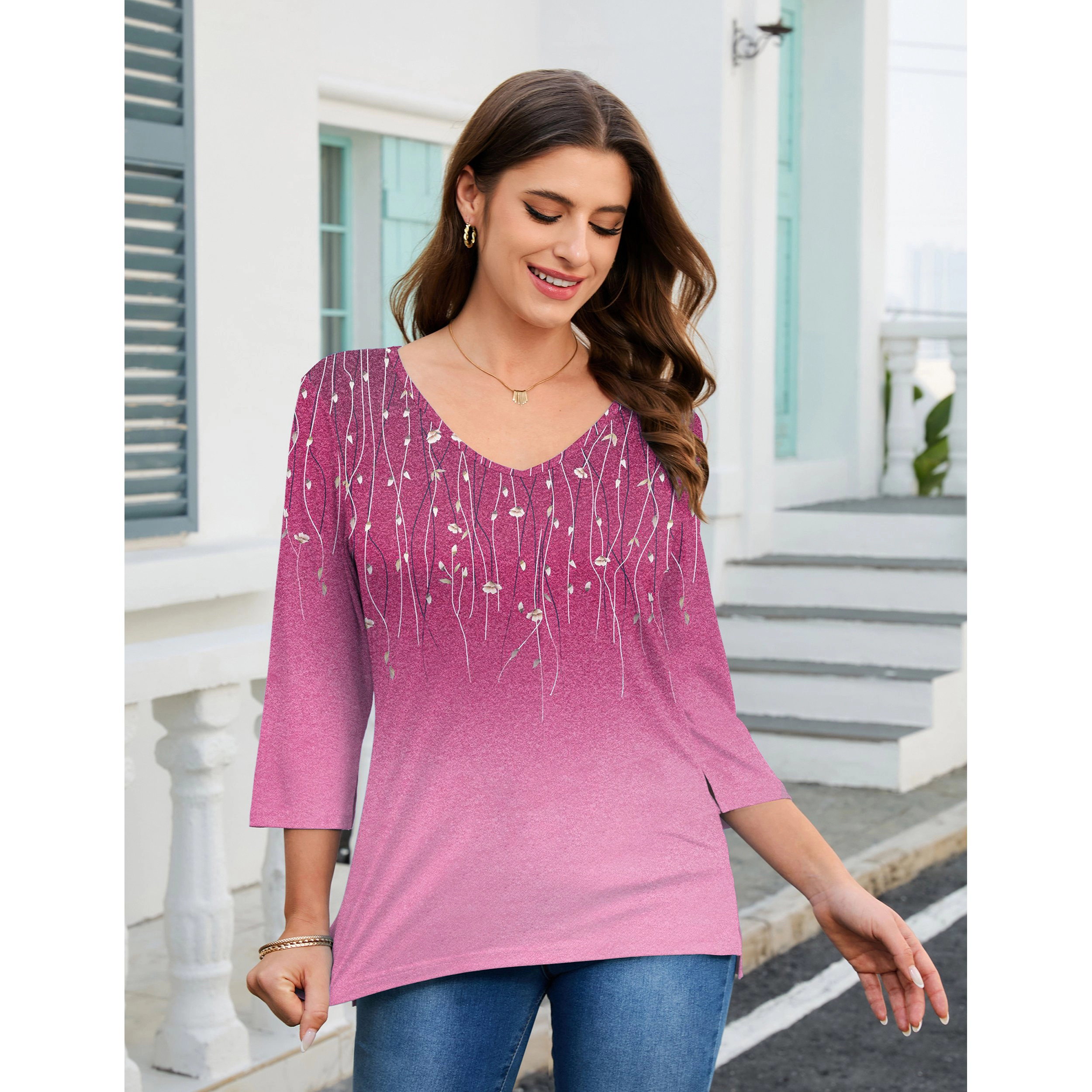 Zeagoo Women V Neck Three Quarter Sleeve Tunic Top