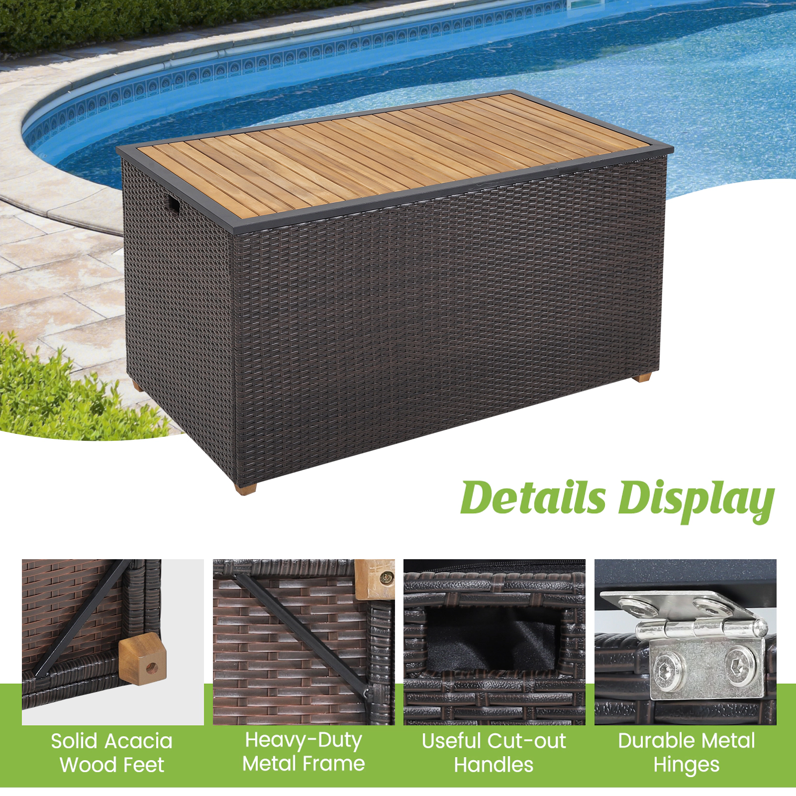 SUGIFT 134-Gallon Zippered Liner Acacia Wood Top PE Rattan Patio Storage Box 51-in x 28.5-in x 28-in 165-lb Top Brown