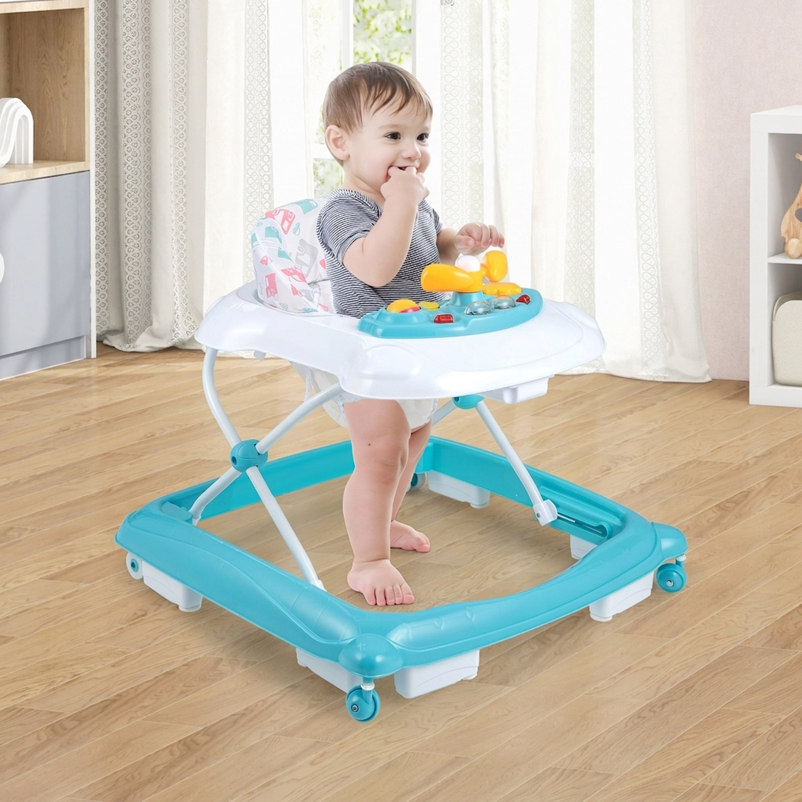Foldable 3-Height Adjustable Baby Walker with Music Tray Padded Seat and Universal Wheels Green Sit-in Walker