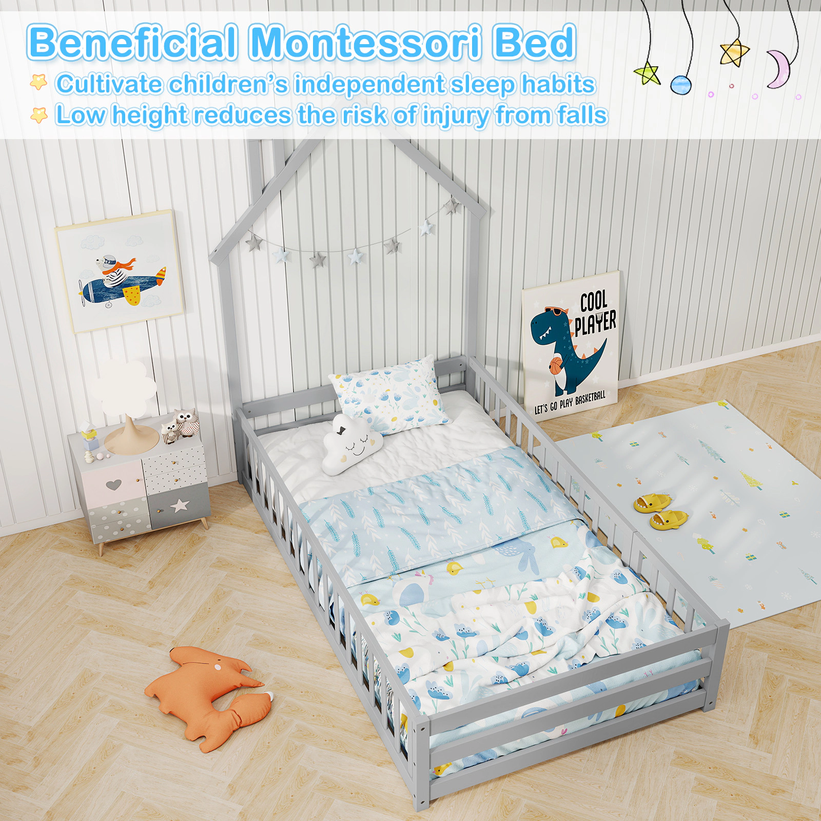 SUGIFT House-Shaped Twin Size Montessori Floor Bed with Lockable Door and Full-Length Guardrail Gray/White