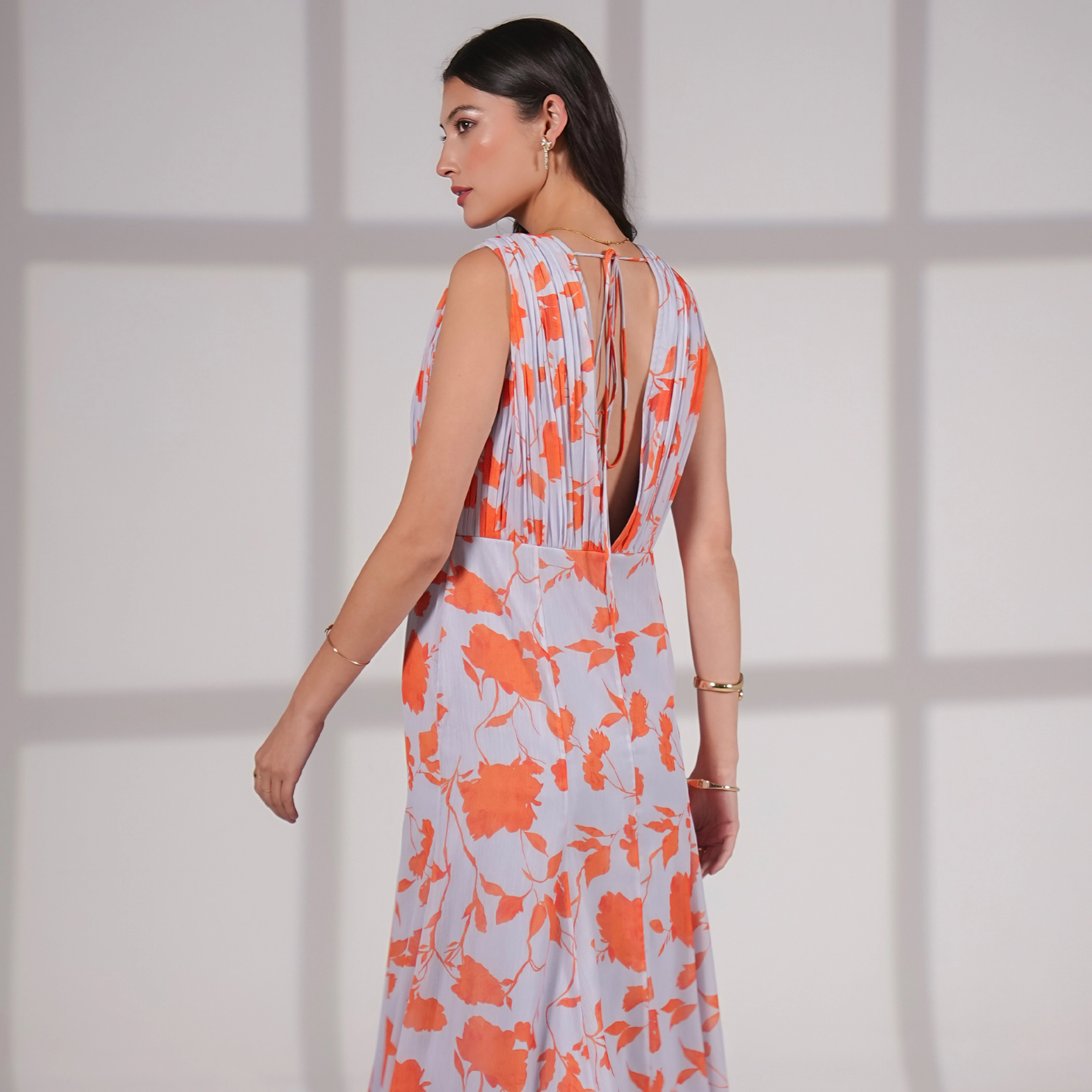 Rose & Nancy Women's Florrie Blue and Orange Floral Print Midi Dress