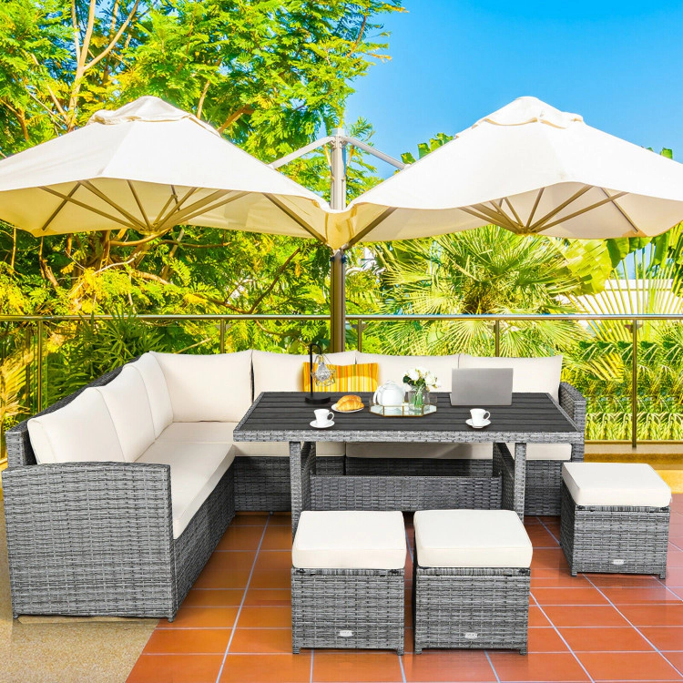 Hivvago 7 Pieces Patio Rattan Dining Furniture Sectional Sofa Set With Wicker Ottoman