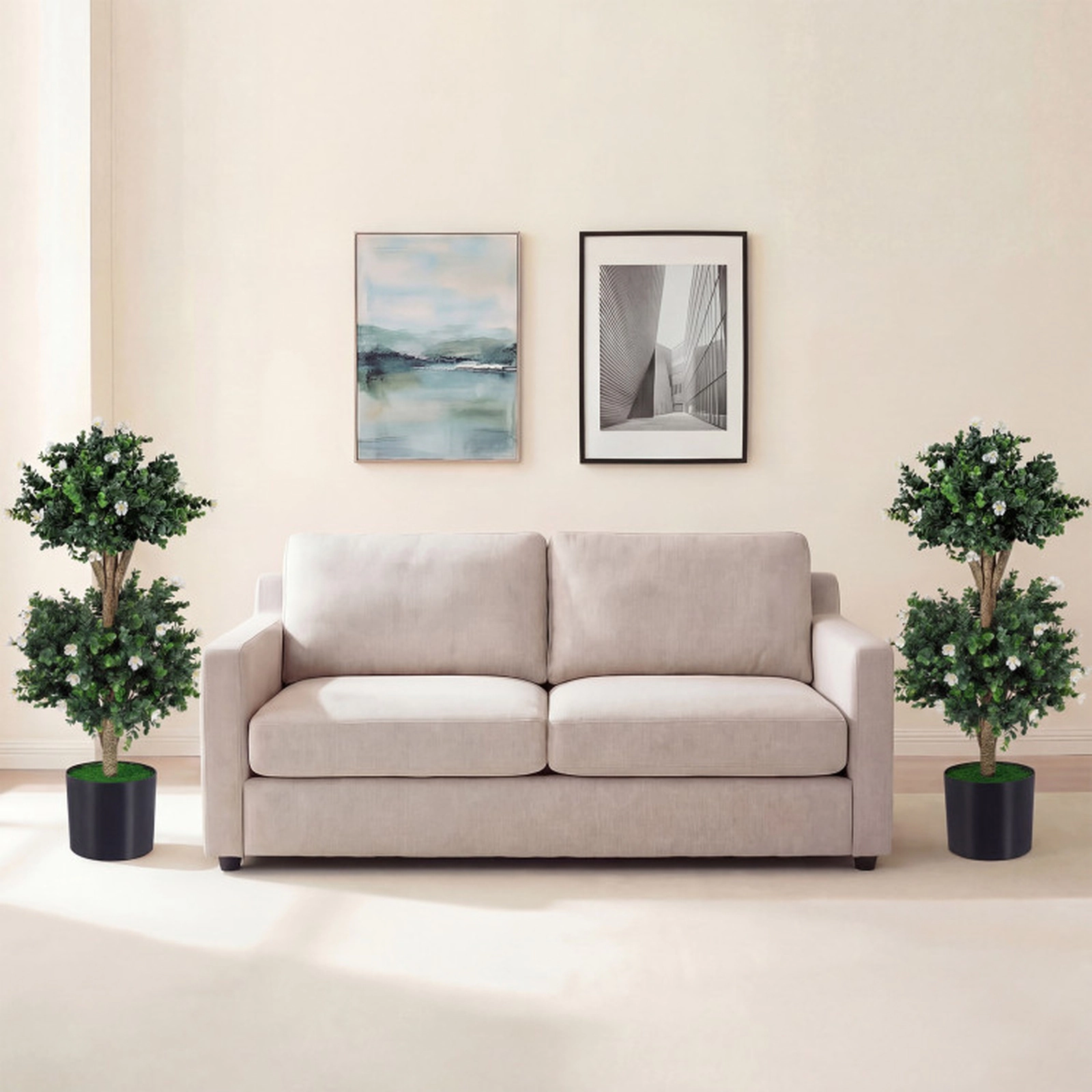 SUGIFT Set of 2 36-in Artificial Double Ball Boxwood Topiary Trees with 41 White Blossoms and Pots