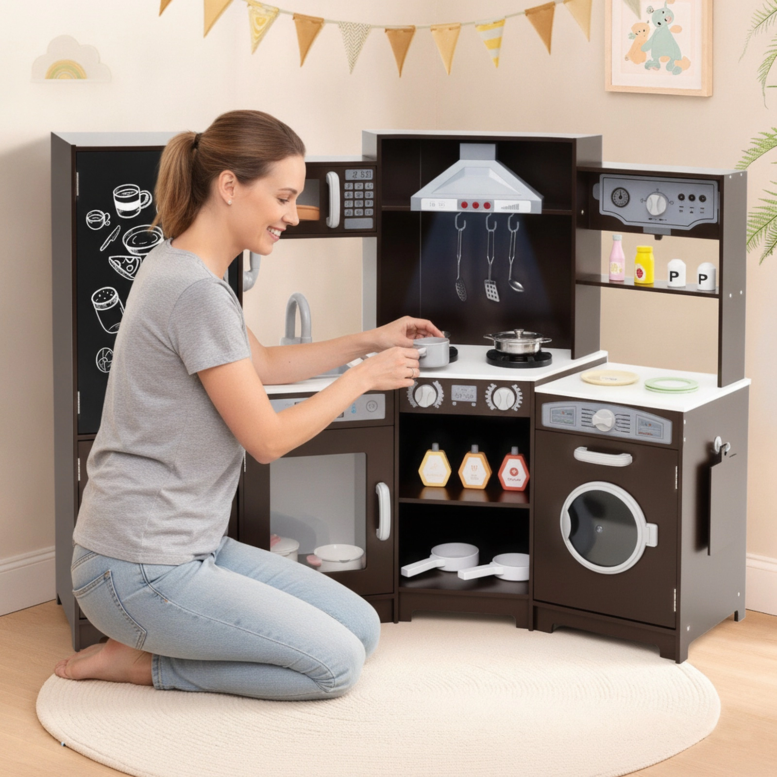 Corner Wooden Play Kitchen Lights and Sounds Ice Maker Chalkboard 52-in Kids Kitchen Playset Ages 3+ Espresso