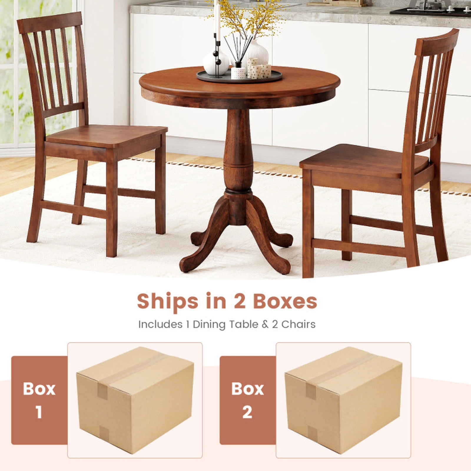 SUGIFT 3-Piece Rubber Wood Slat Back 2 Chairs Pedestal Table Dining Set 32-in Dia x 30-in H 220-lb Capacity Walnut