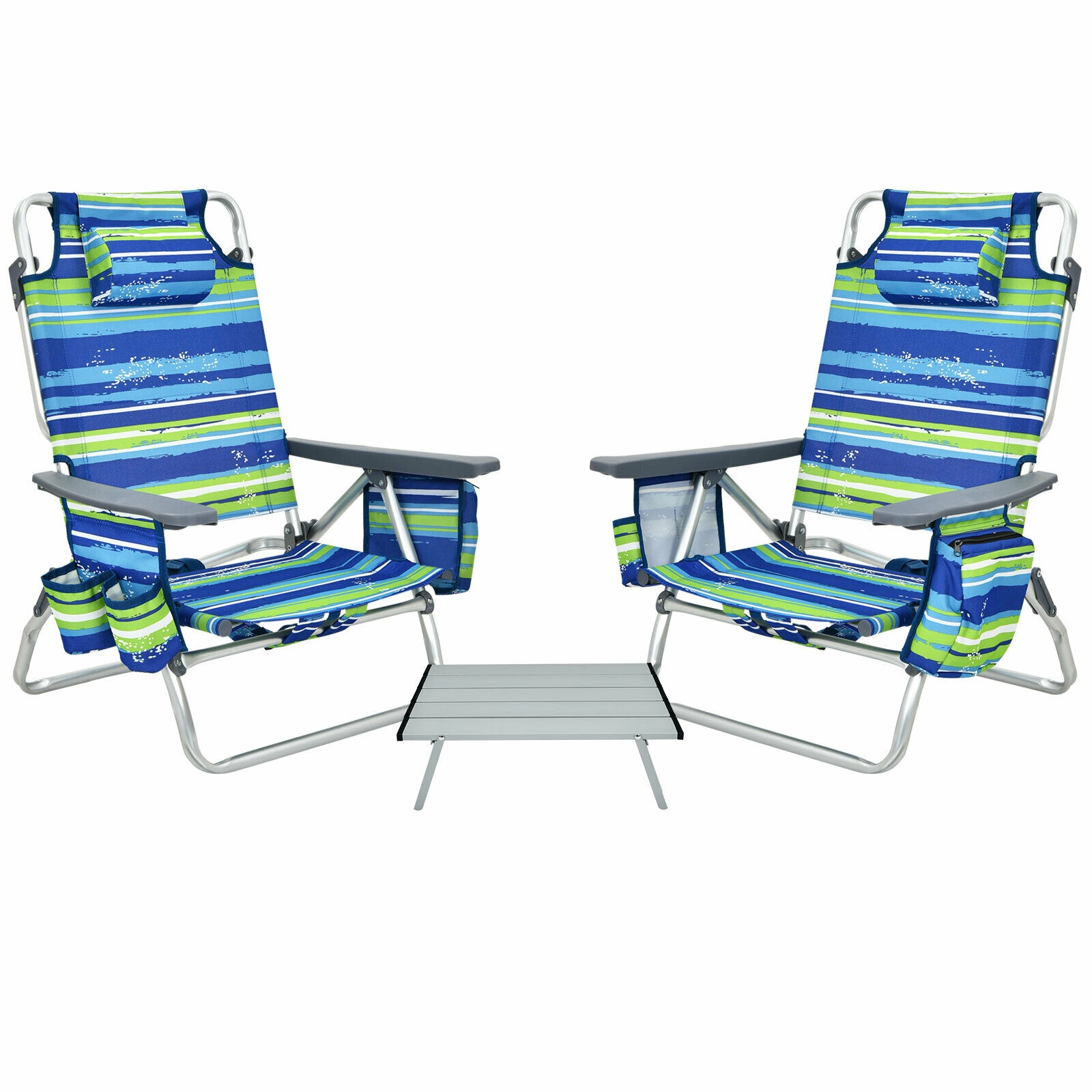 SUGIFT 5-Position Outdoor Folding Backpack Beach Chair & Table Set 330-lb Chair Capacity Blue & Green with Silver Table
