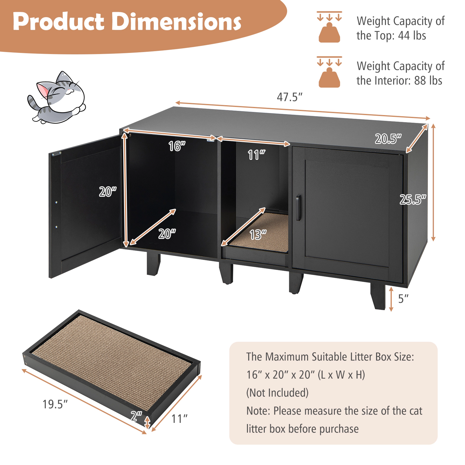 SUGIFT Patented 2-Door Cat Litter Box Enclosure with Winding Entry and Scratching Board 44-lb Tabletop Capacity