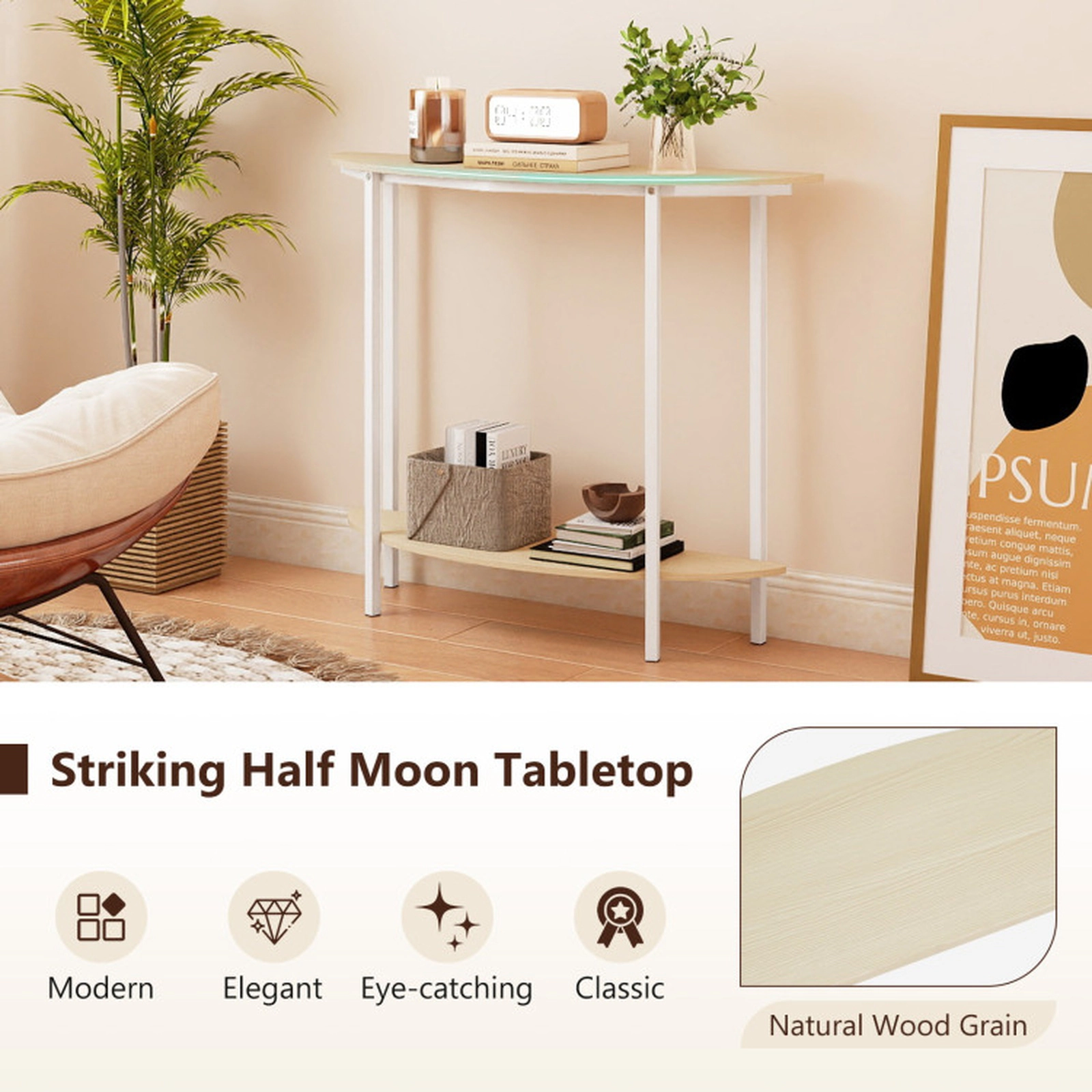 SUGIFT Half Moon 2-Tier Console Table 40-in Wide with Storage Shelf Natural & White