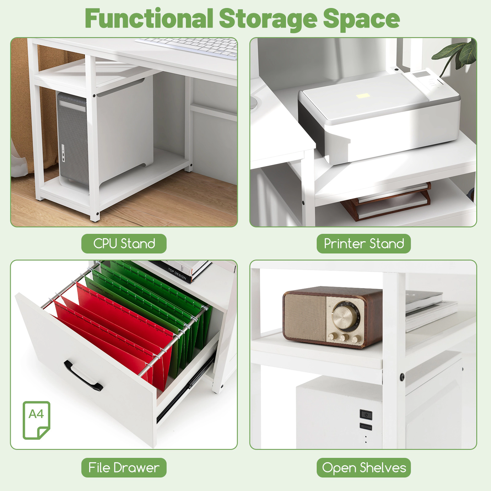 SUGIFT 67 in Computer Desk White with Monitor Stand File Drawer and Power Outlets