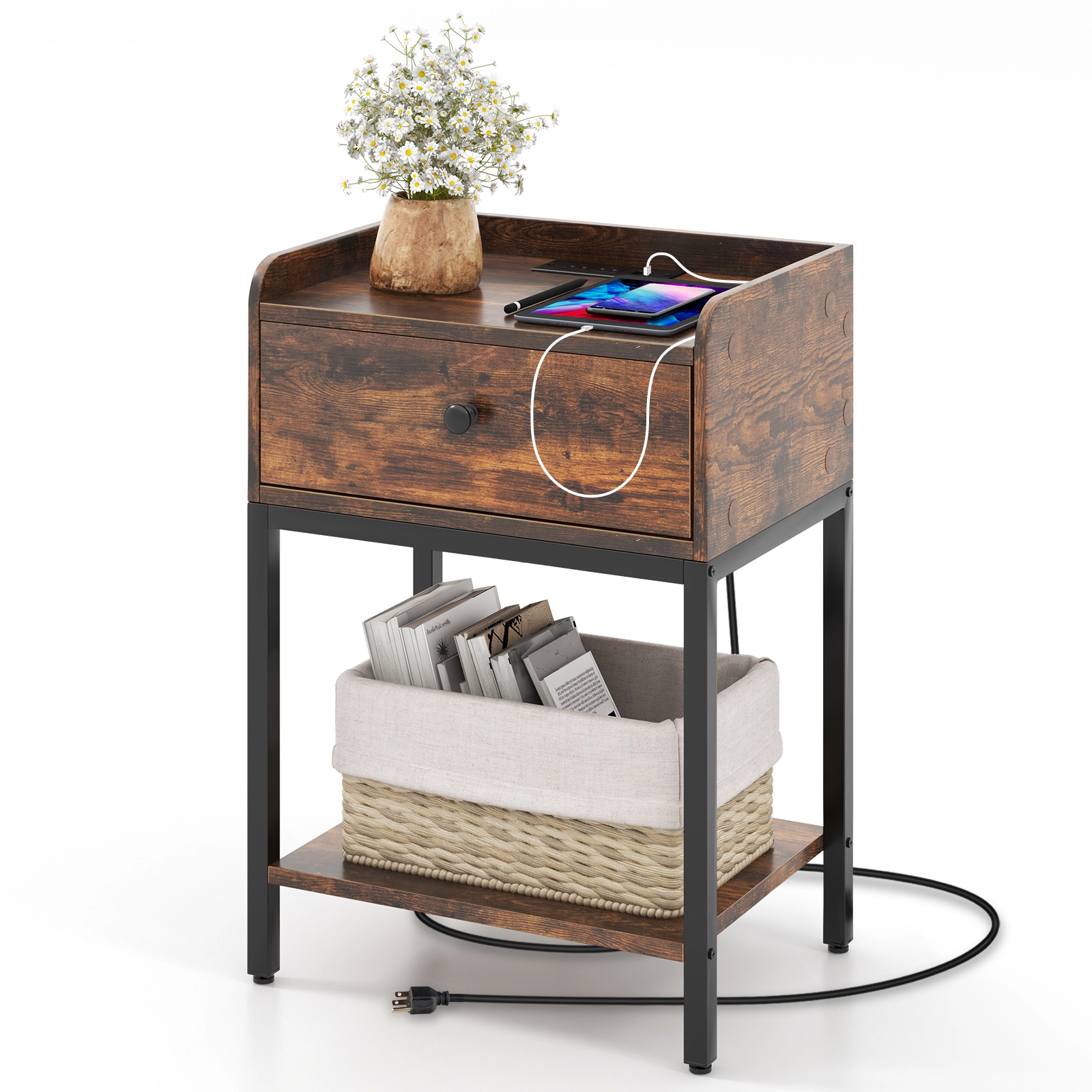 Glintex Industrial Nightstand with Charging Station and Anti-Falling Tabletop Baffle, Rustic Brown