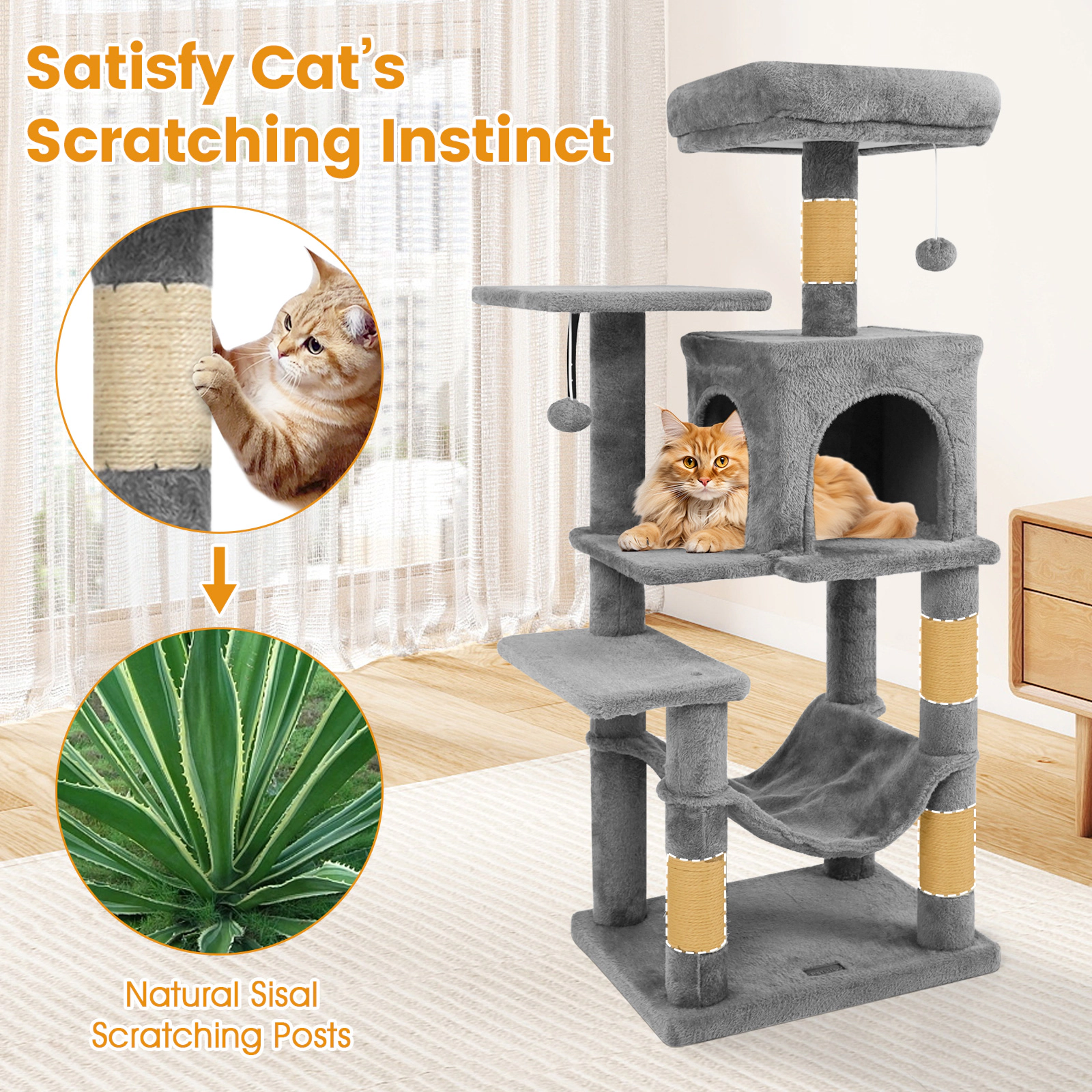 SUGIFT Multi-Level Cat Tower with 2-Door Condo and Padded Top Perch with Hammock and Scratching Posts Light Gray