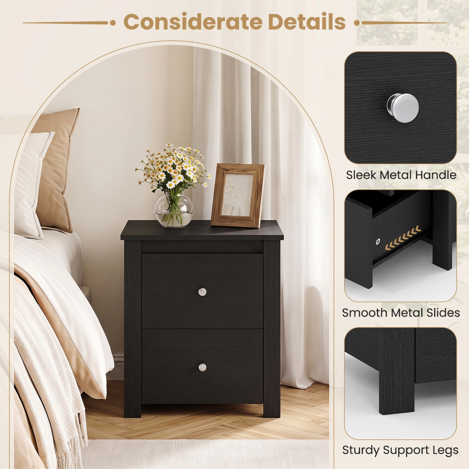 SUGIFT Black 2 Drawers and Storage for Bedroom Living Room and Small Spaces Nightstand