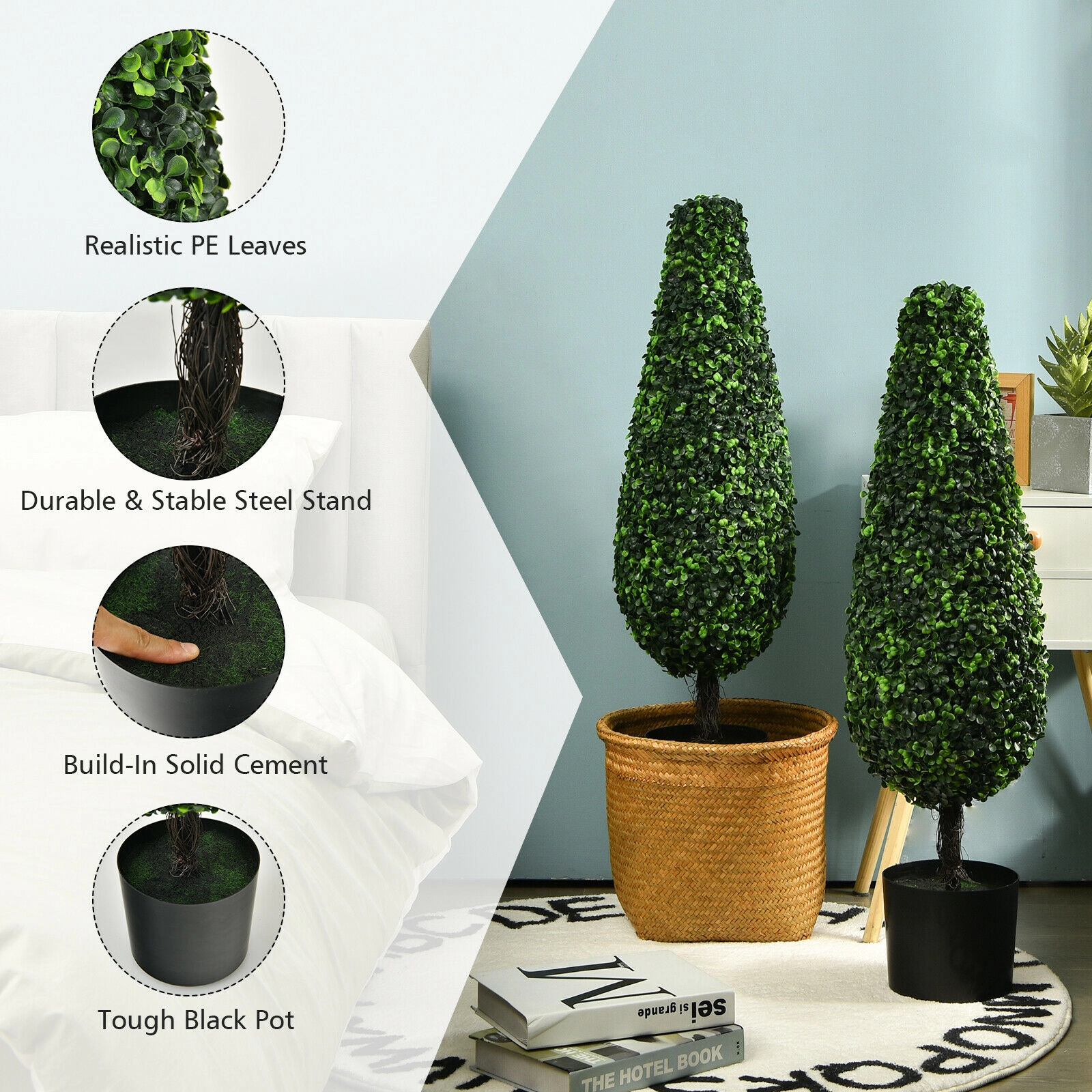 SUGIFT Set of 2 35-in Tower Style Artificial Topiary Trees with UV Resistant Leaves and Cement Base