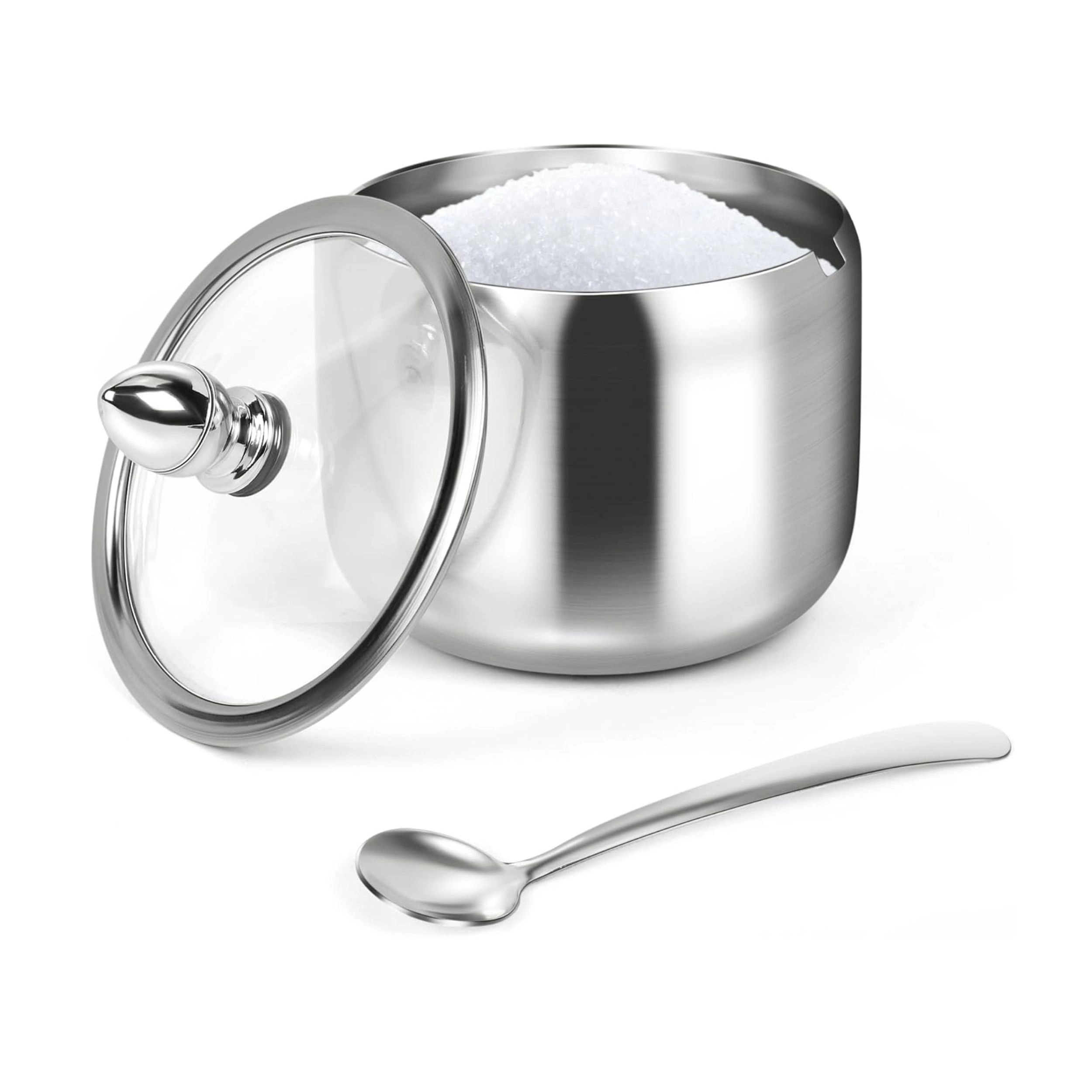 Stock Preferred Stainless Steel Sugar Bowl with Glass Lid and Spoon 16 oz