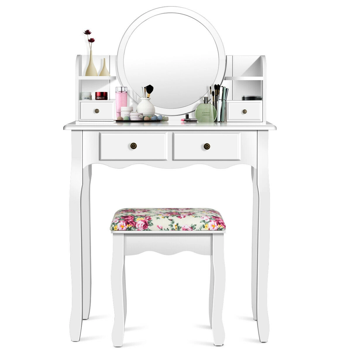 SUGIFT 4-Drawer Makeup Vanity Table Set Girls Dressing Table Oval 14.5-in Mirror 286-lb Dresser 242-lb Stool Capacity