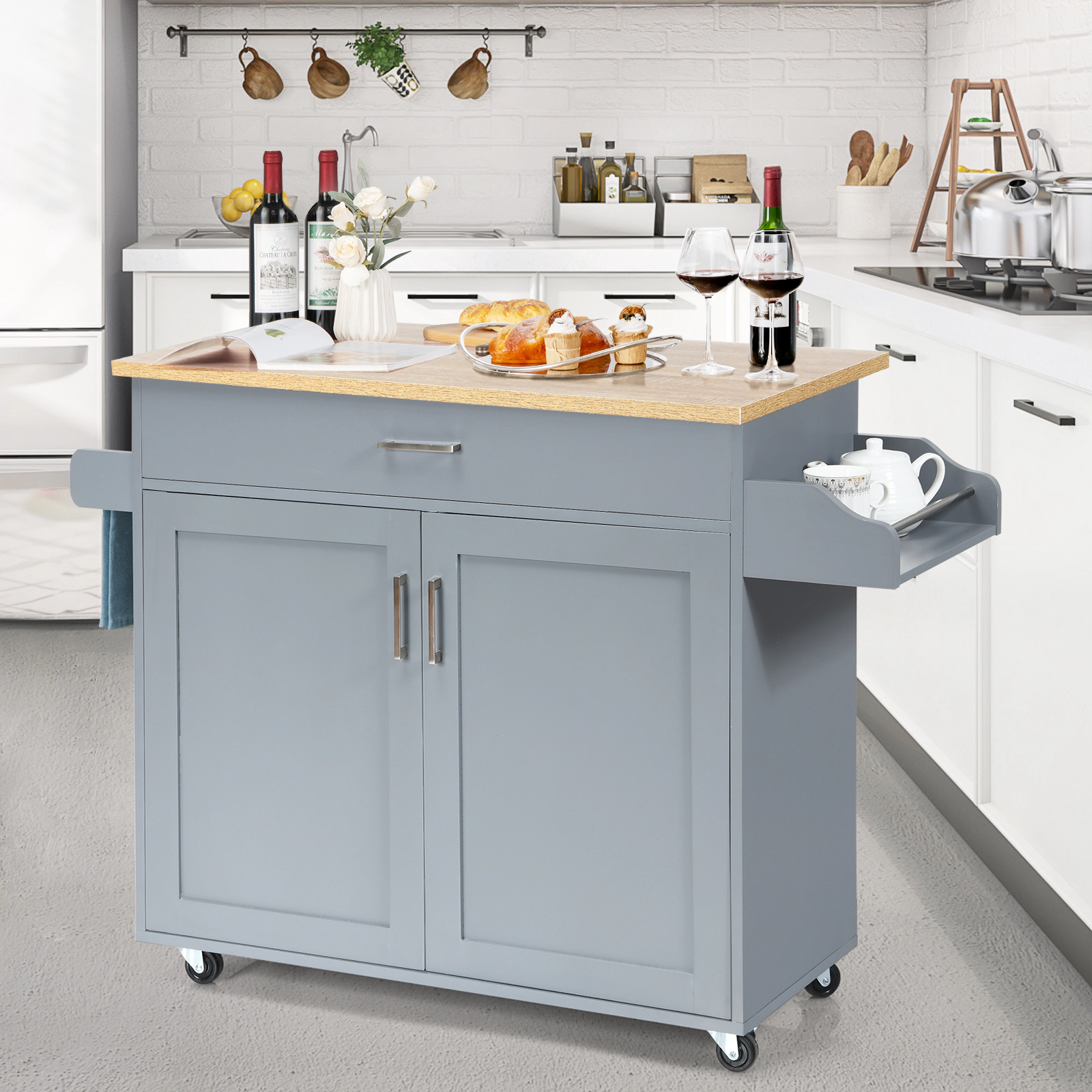 SUGIFT Rolling Kitchen Island Cart Gray with Towel Rack Spice Rack and Adjustable Shelf
