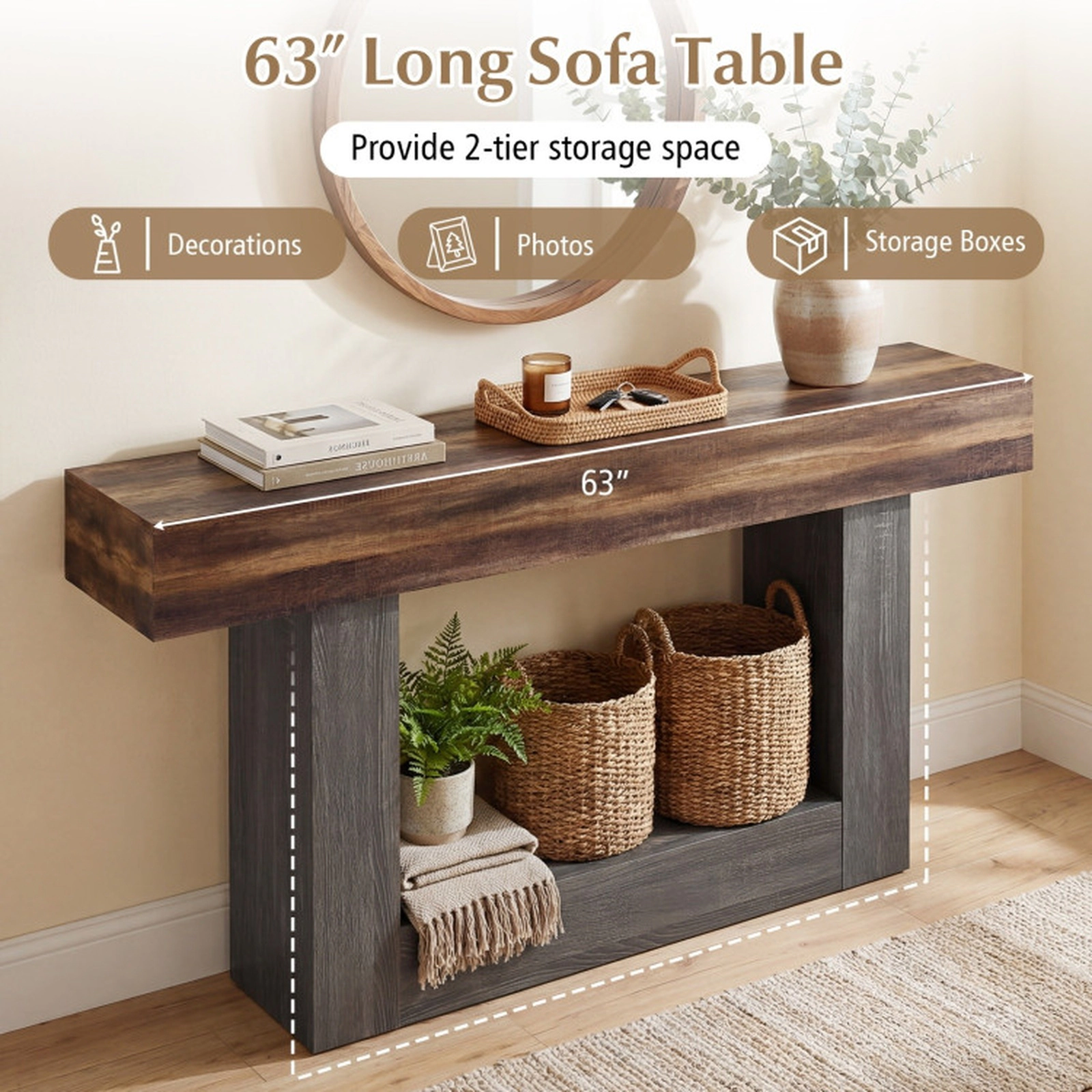 SUGIFT 2-Tier Farmhouse Console Table 63-in Long with Storage Shelf 265-lb Tabletop Capacity Rustic Brown + Black