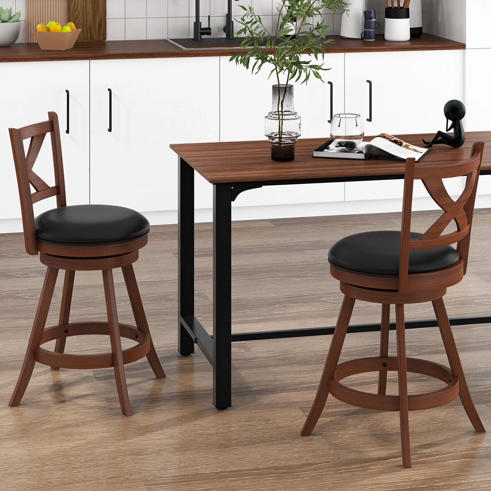 Glintex 2-Piece 24-Inch Swivel Counter Stool Set with X-Shaped Open Back, Brown