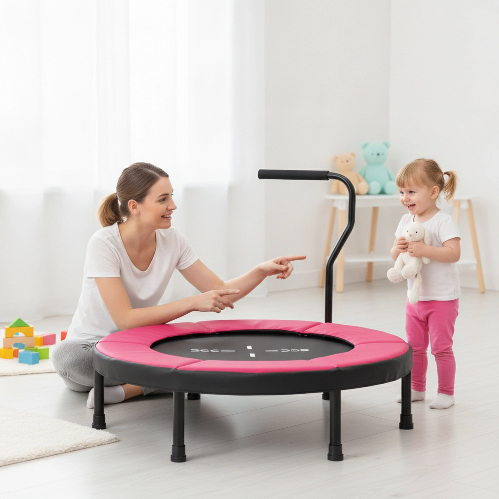 40-in Small Trampoline Kids Removable Foam Handlebar Ages 3-6 Indoor Outdoor Fitness Rebounder Pink Kids Trampoline