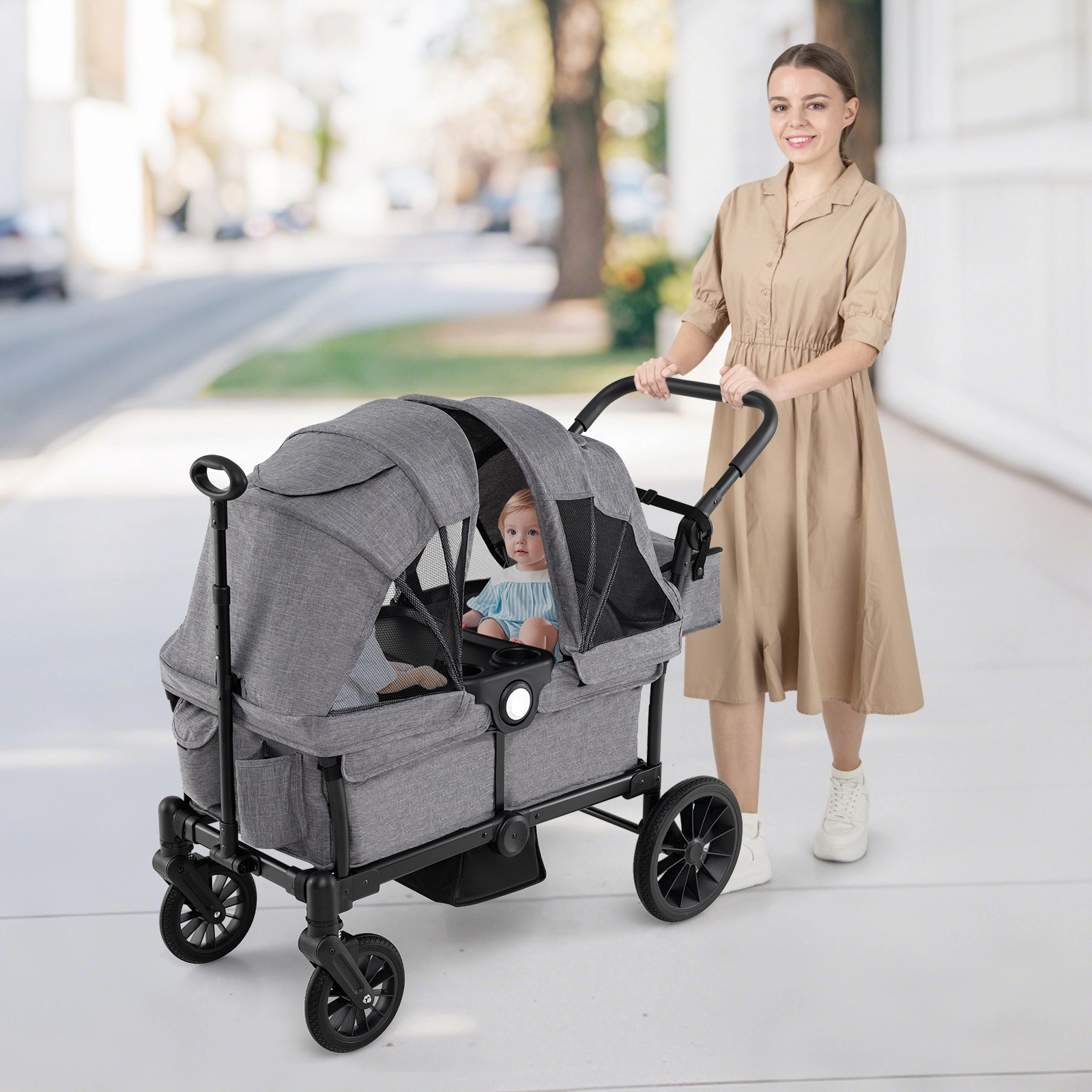 SUGIFT Gray 55-lb Per Seat 2-Seater Collapsible Push Pull Kids Wagon Stroller with Adjustable Handlebars