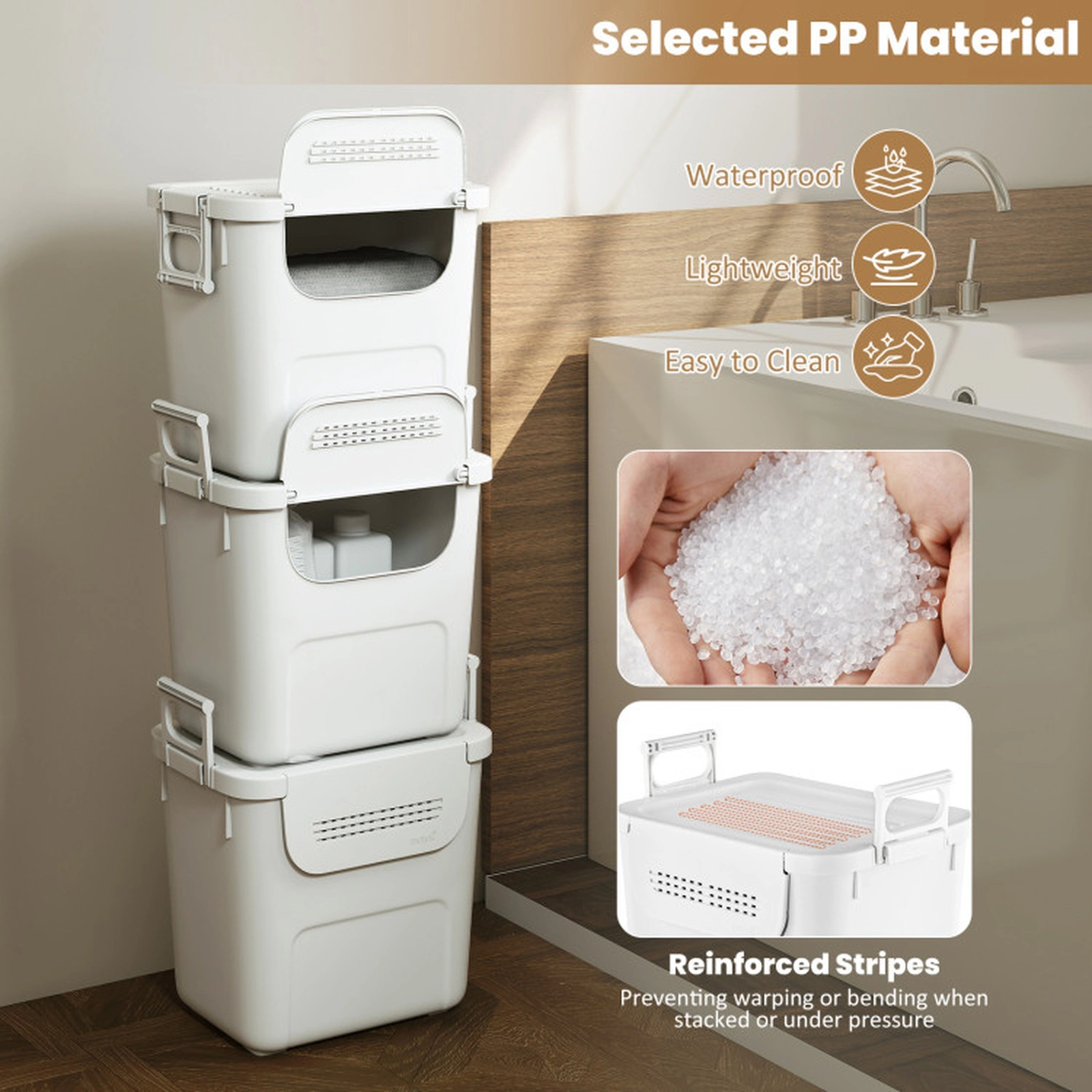 SUGIFT 3-Pack White 32-qt Stackable Storage Bins with Lids Front Flap Door and Handles for Closet