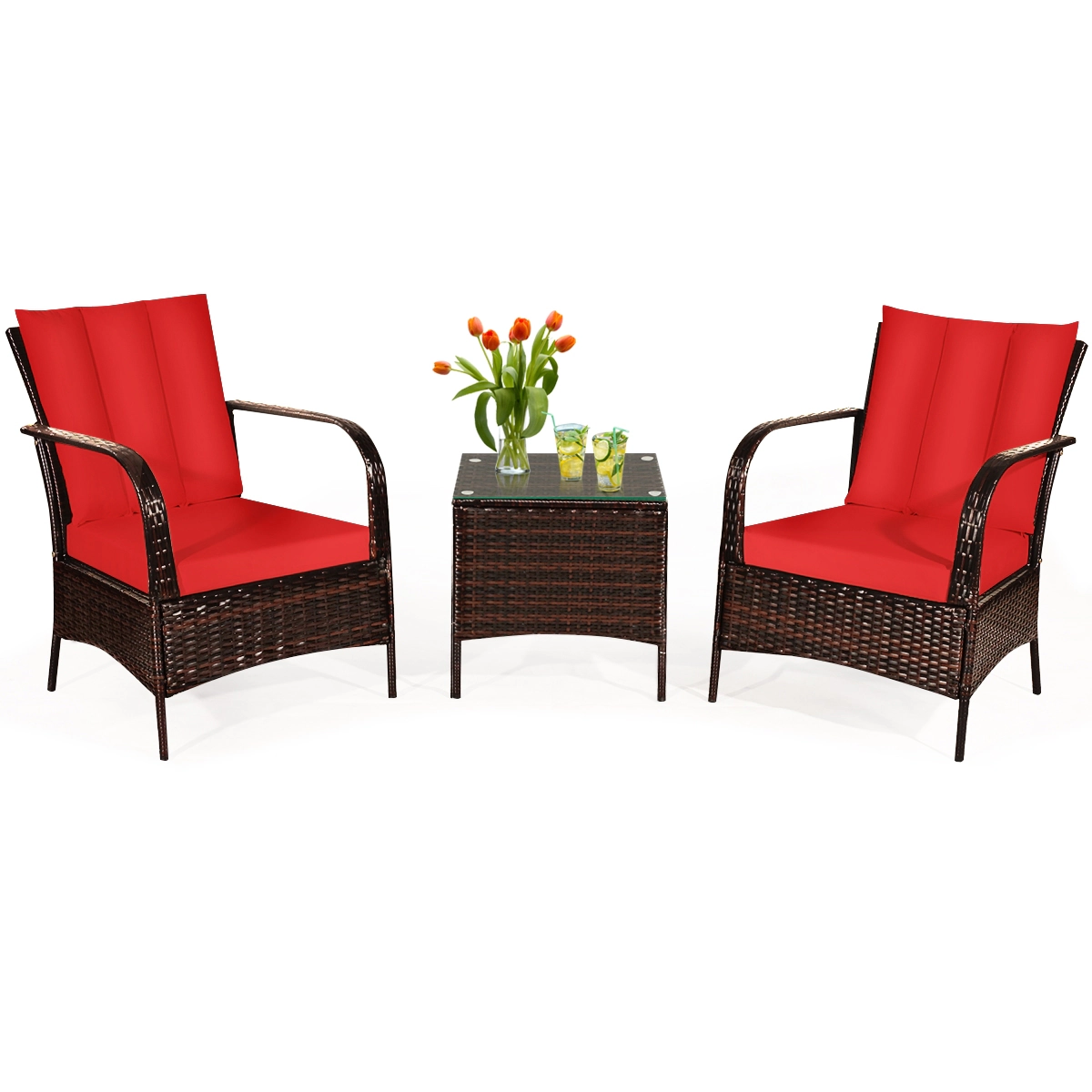 SUGIFT 3-Piece PE Rattan Patio Conversation Furniture Set Tempered Glass Coffee Table 360-lb Chair Capacity Red Cushions
