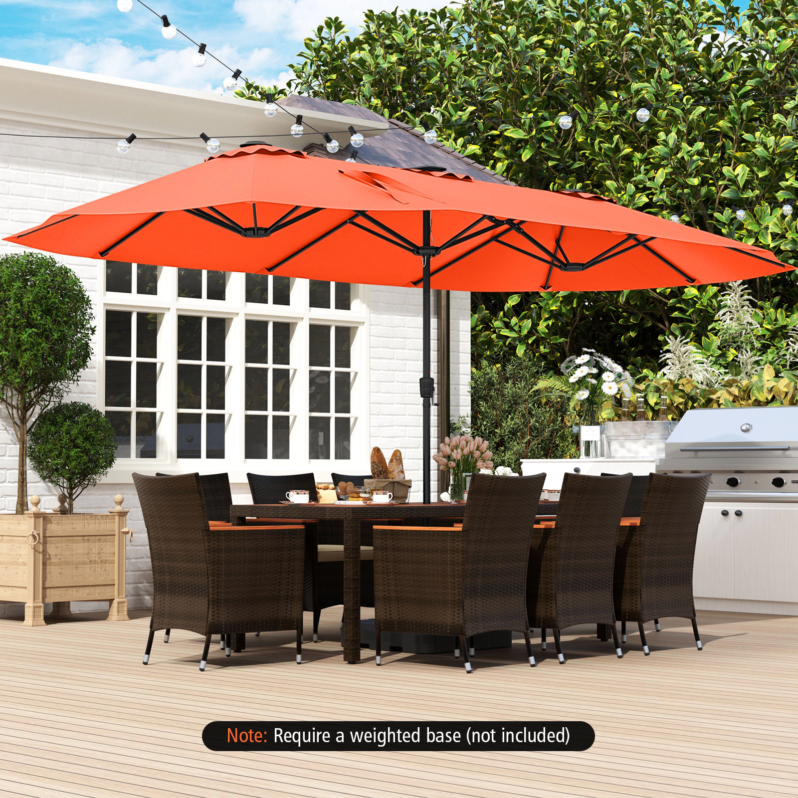 SUGIFT 15.5-ft Orange Rectangular Double-Sided Solar Patio Umbrella with 144 LED Lights and 12 Metal Ribs