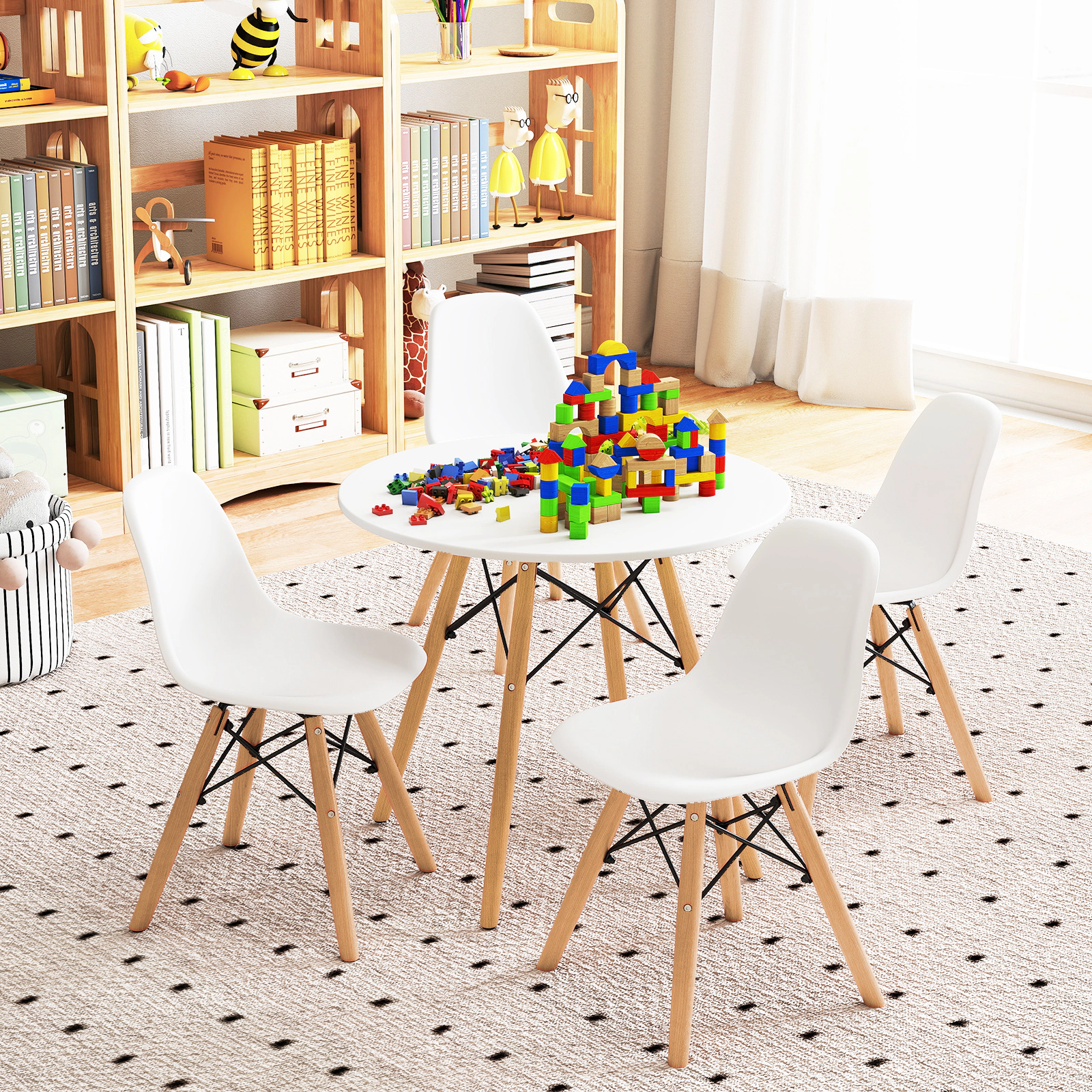 SUGIFT Kids Table and Chairs Set, 5-Piece Mid-Century Modern, Round 23.5-Inch Table, 4 Chairs