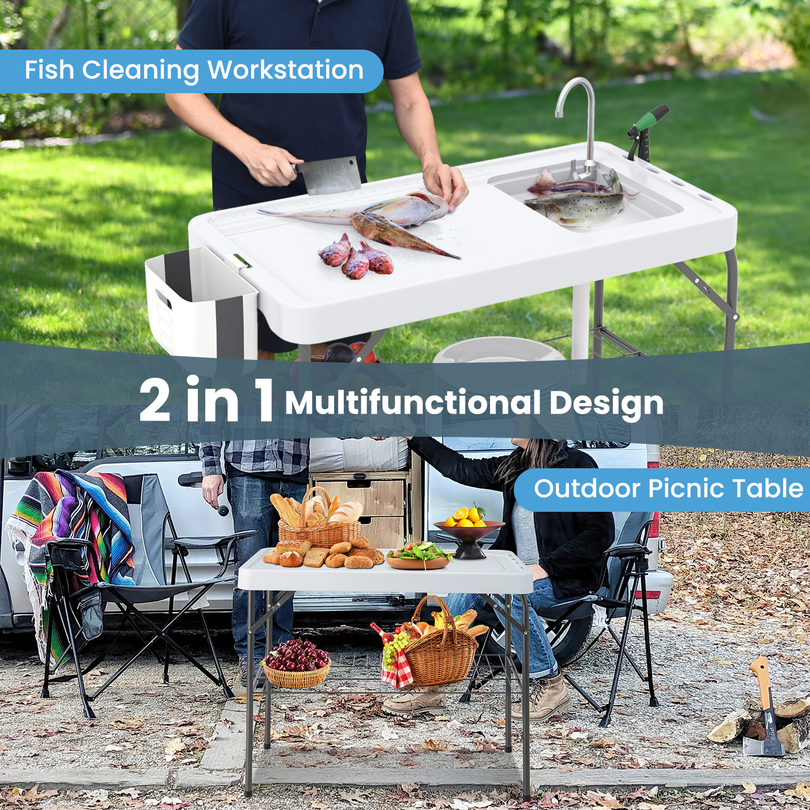 LJG 2 in 1 Folding Fish Cleaning Table with Sink and Faucet for Patio BBQ