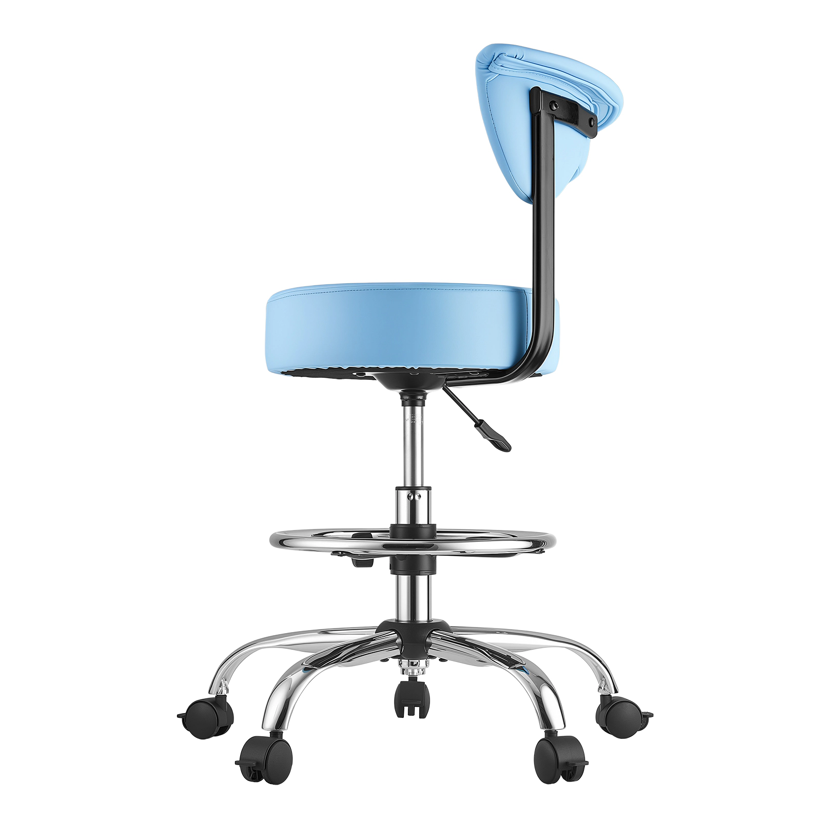 HONGGE Height-Adjustable Rolling Office Stool with Backrest, 360 Swivel PU Leather Seat, 500 lbs Capacity, Blue