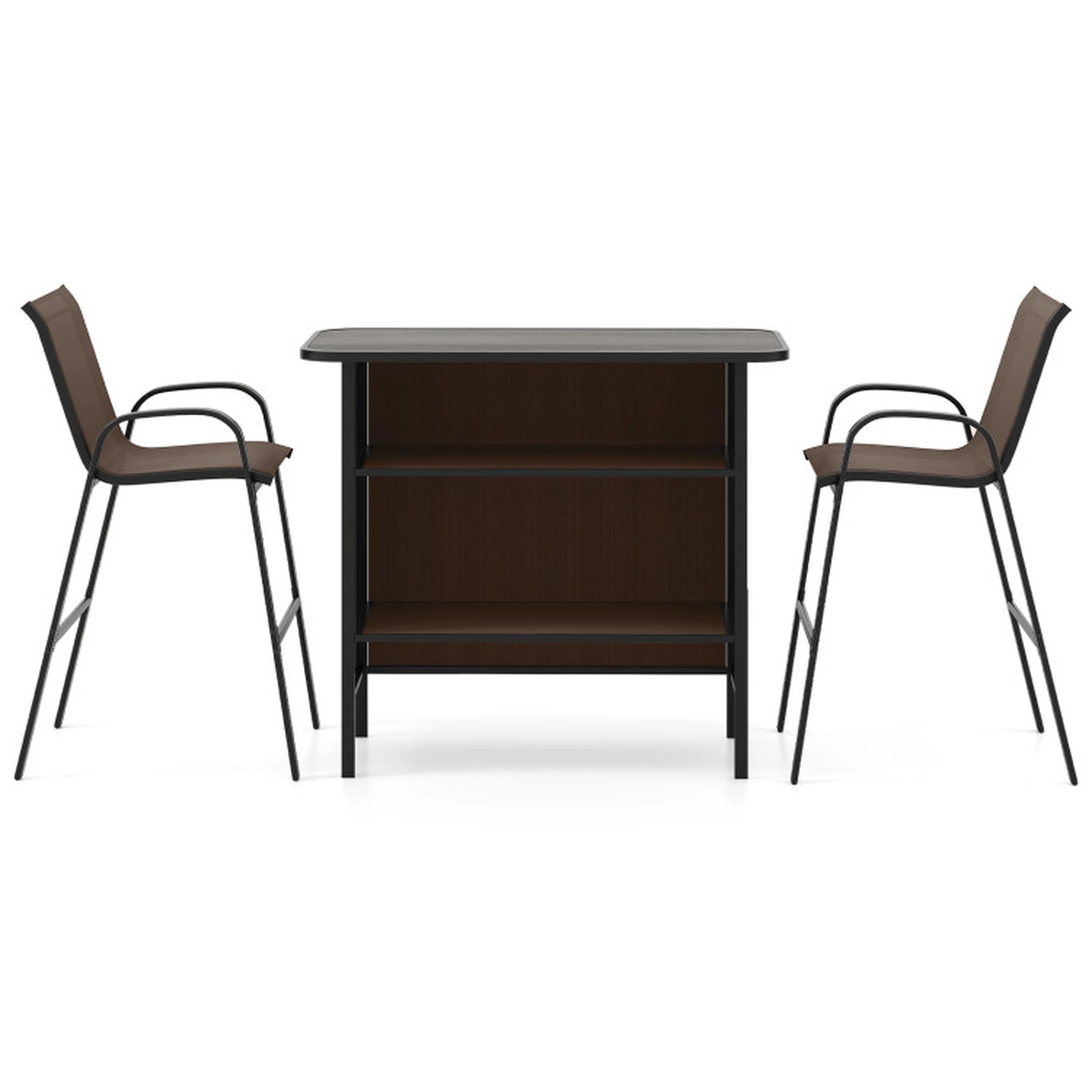 SUGIFT Outdoor Bar Set with Footrest & 2-Tier Shelf Bar Table & Chairs 330-lb Barstools & 110-lb Table Coffee/Black