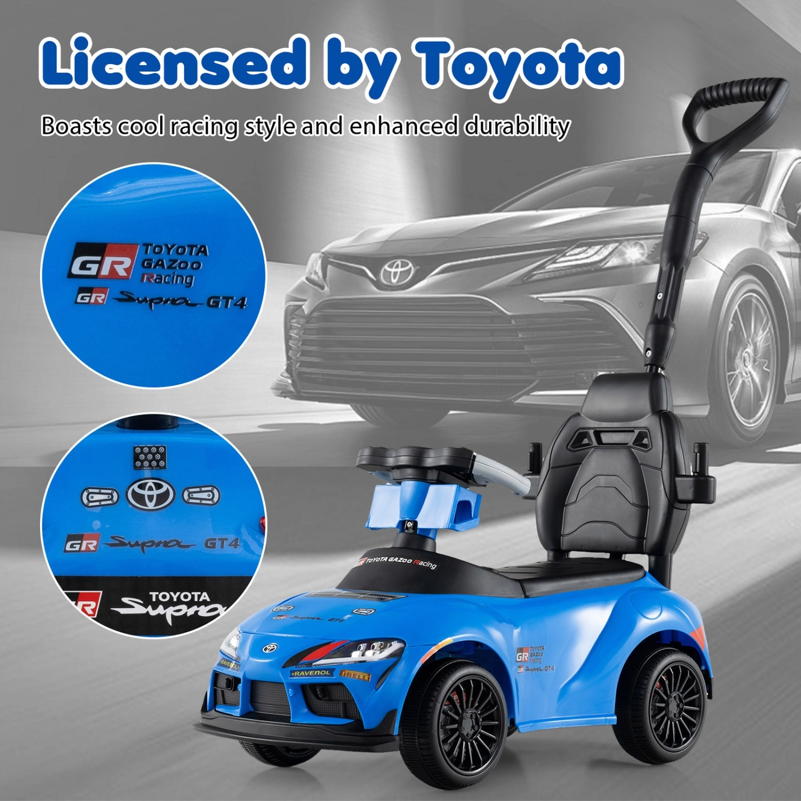 3-in-1 Toddler Push Car Parent Handle Guardrail Anti-Tip Kit One-Click Mode Switch Ages 1.5-5 Blue Ride On Toy