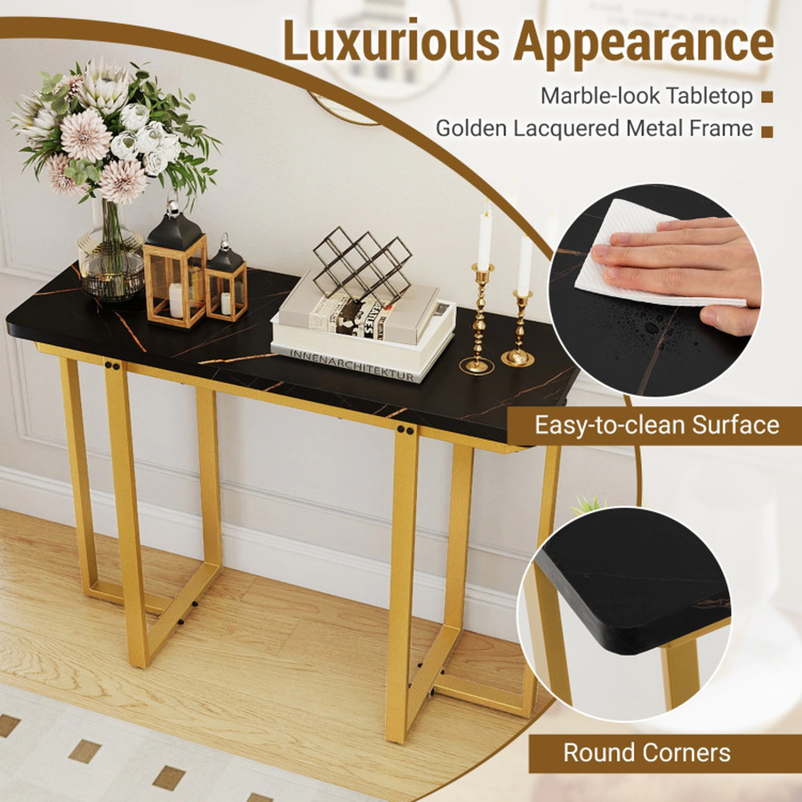 SUGIFT Narrow Faux Marble Top Gold Geometric Metal Frame Console Table 42-in x 16-in x 32-in 155-lb Capacity Black