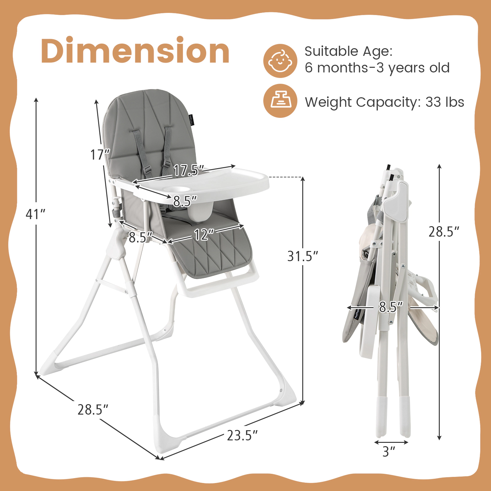 SUGIFT Easy Clean Compact High Chair with Removable Adjustable Tray 33-lb Capacity Ages 6 Months-3 Years Gray