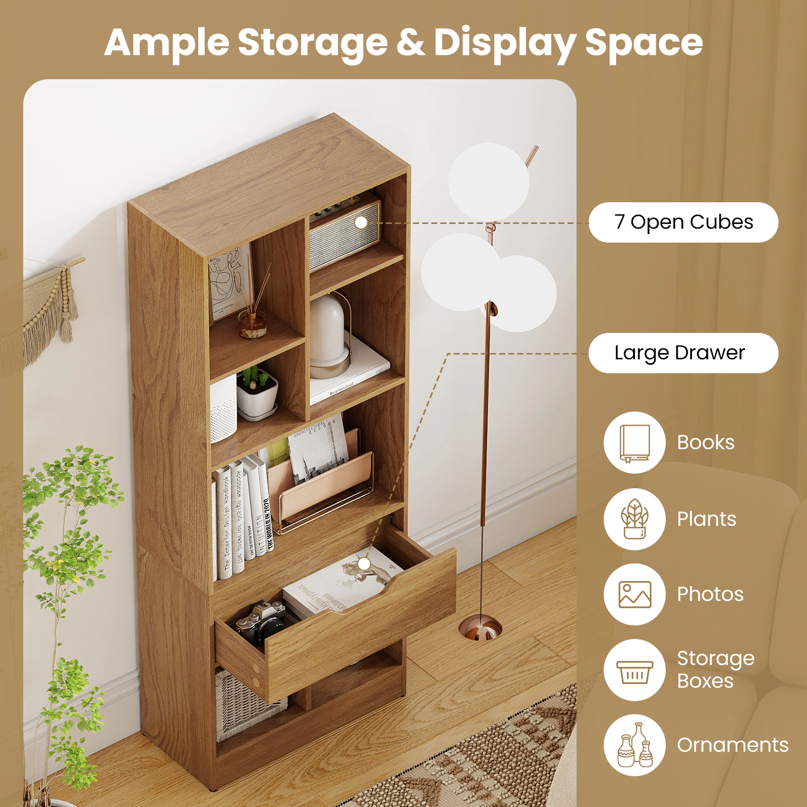 SUGIFT 51-in Tall Freestanding Bookcase Drawer 7-Cube Storage Organizer 165-lb Total Capacity 20-in Wide Natural/White