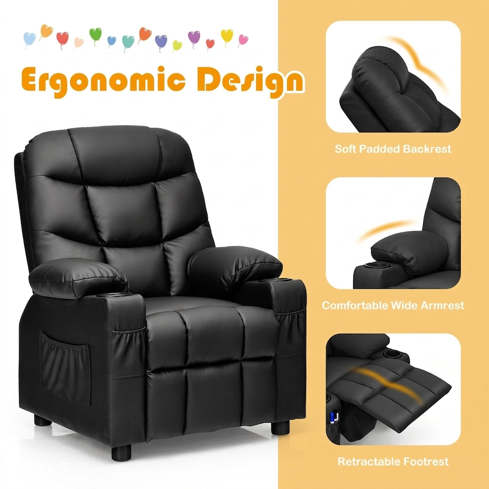 SUGIFT Adjustable Kids Recliner Chair with Cup Holders and Footrest 120-lb Capacity Ages 3+ 26-in Wide Black PU Leather