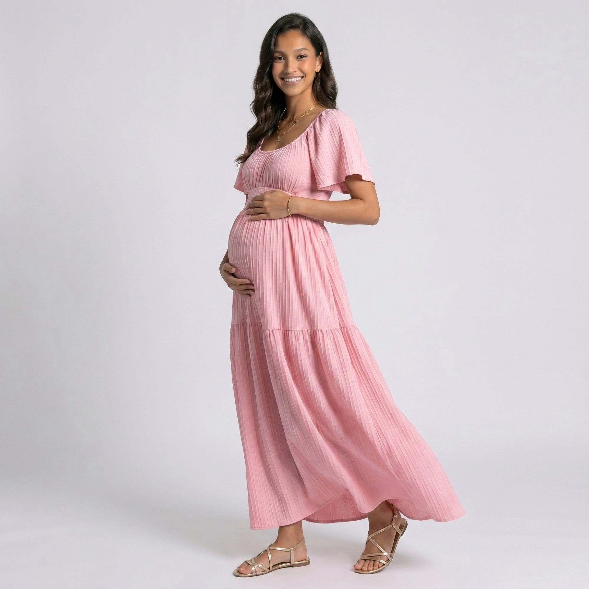 Anna-Kaci Women's Pleated Flutter Sleeve Tiered Skirt Maternity Maxi Dress