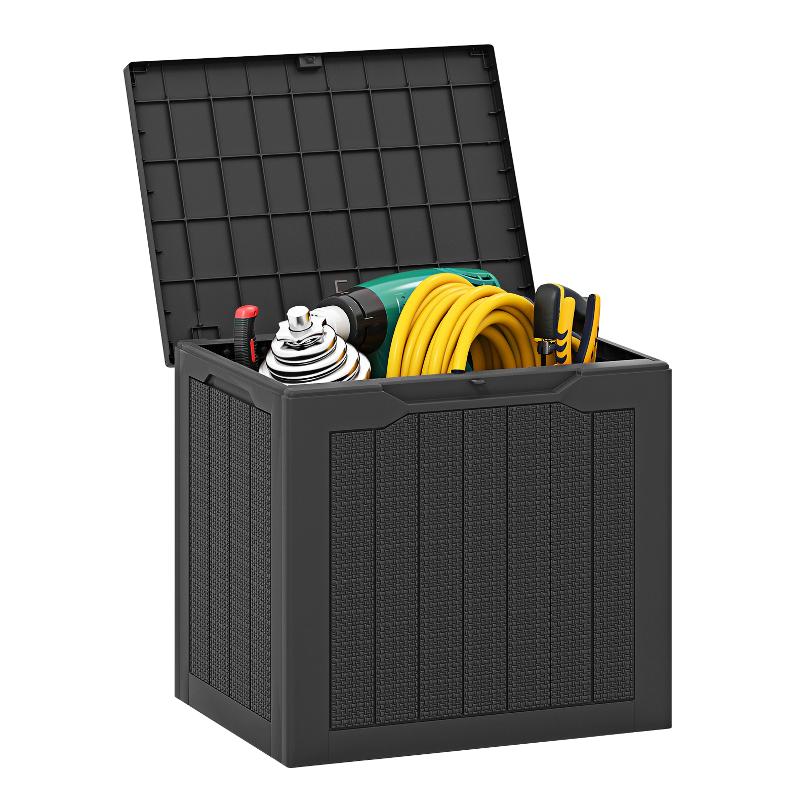 SUGIFT 25-Gal 330-lb Capacity Lockable Black Wicker Small Deck Box Outdoor Storage Container with Lid