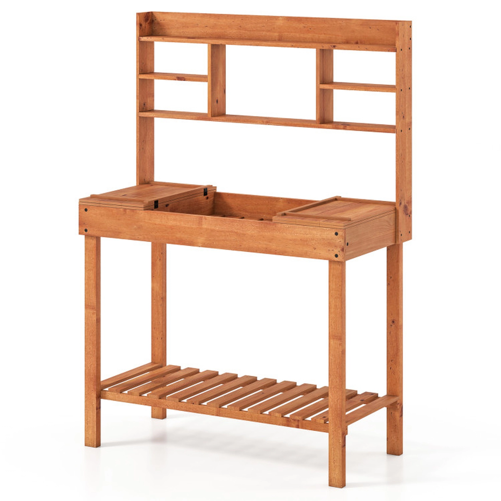 SUGIFT Brown Fir Wood Potting Bench, 3-Tier Shelves, Flip-Up Tabletop and Hidden Storage