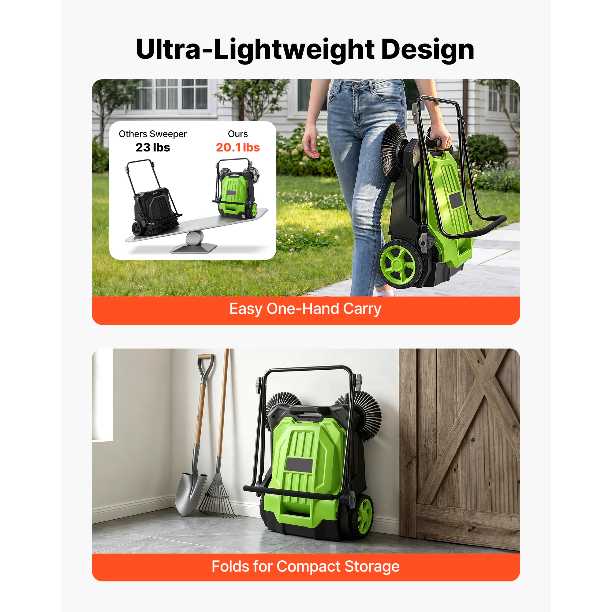 HONGGE Walk-Behind Hand Push Floor Sweeper Manual Non-Electric with 25.6" Sweeping Width 5 Gallons Waste