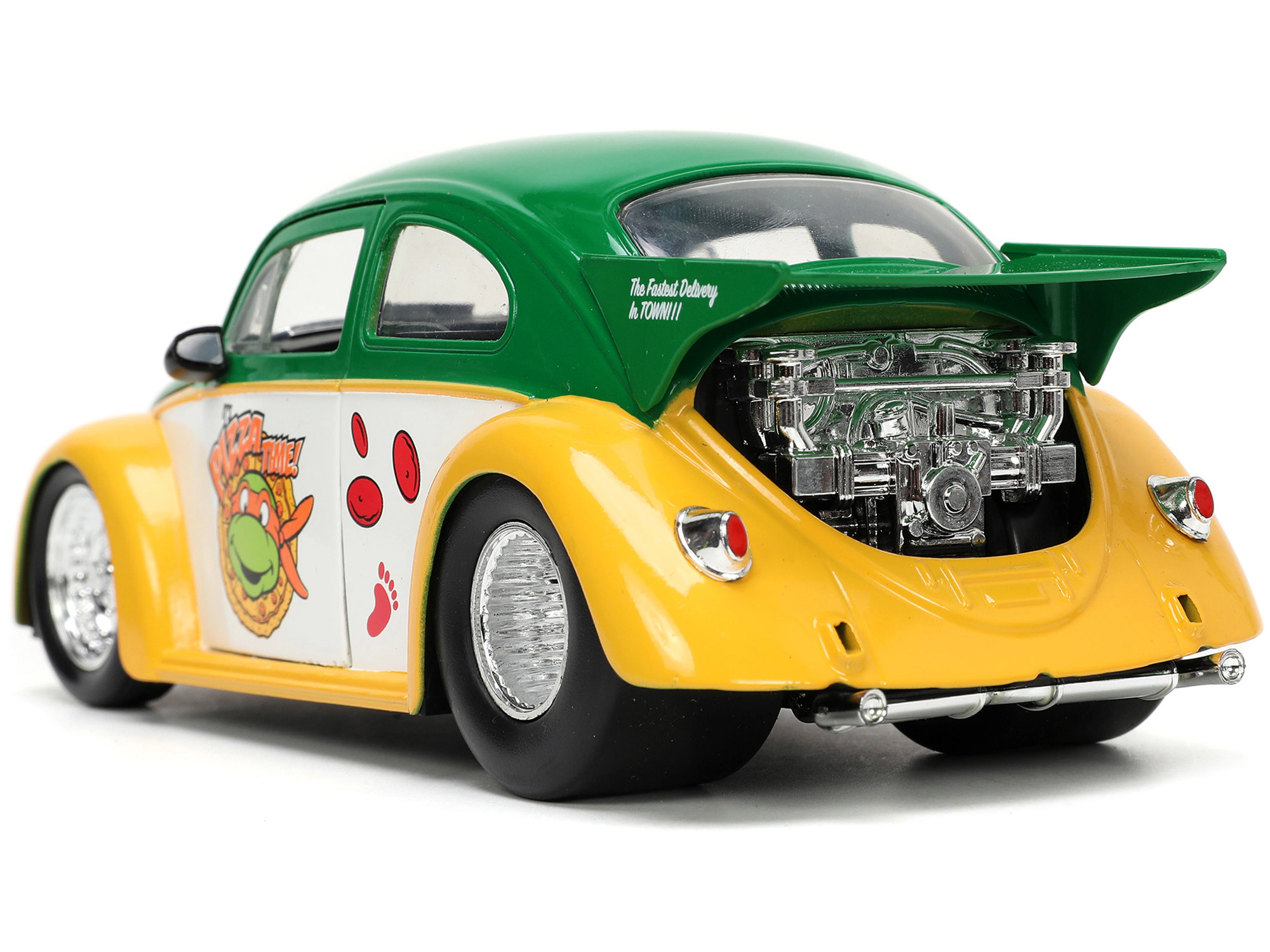 Jada 1959 Volkswagen Drag Beetle Green and Yellow and Michelangelo Diecast Figure "Teenage Mutant Ninja