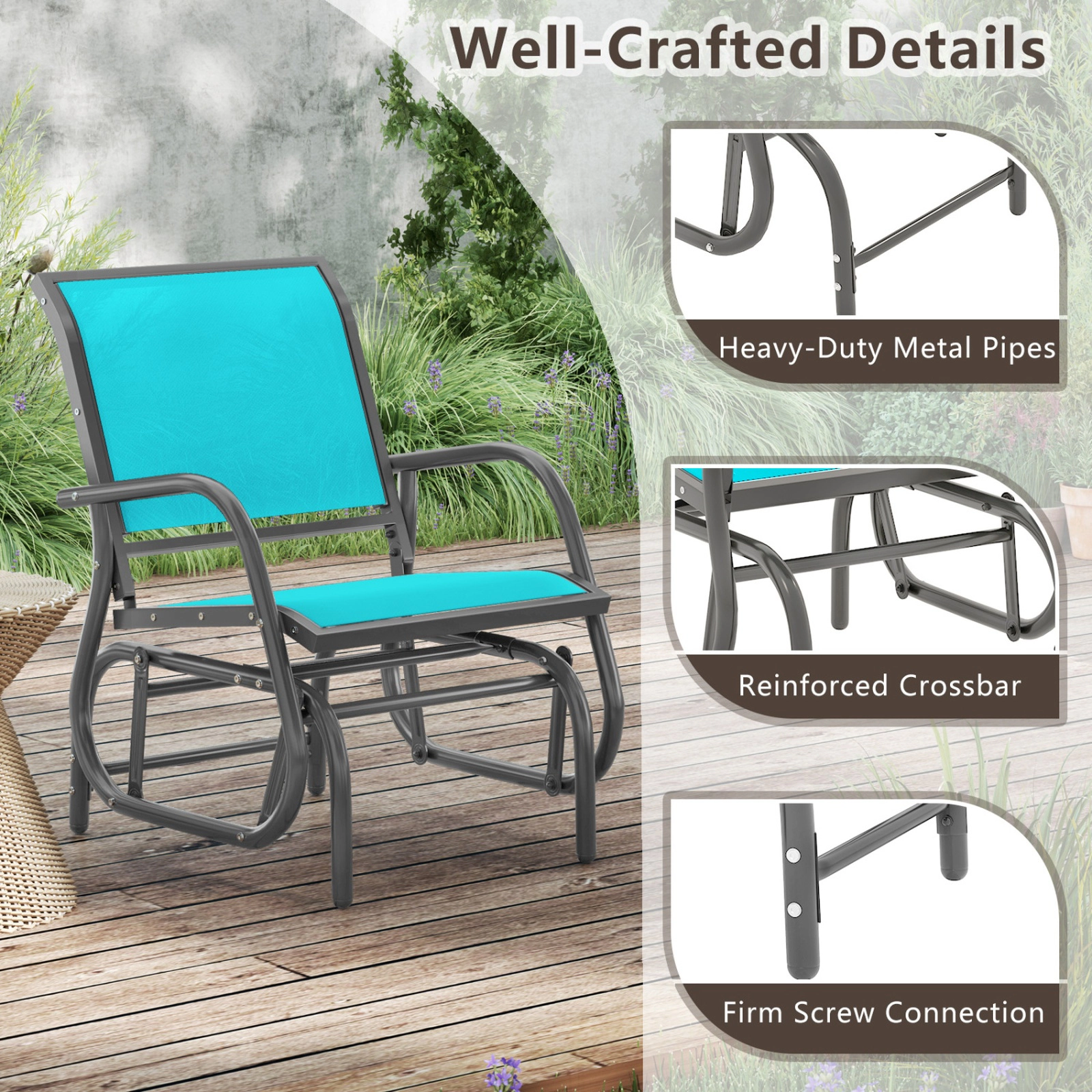 SUGIFT Turquoise Steel Outdoor Swing Glider Rocking Chair with Armrests