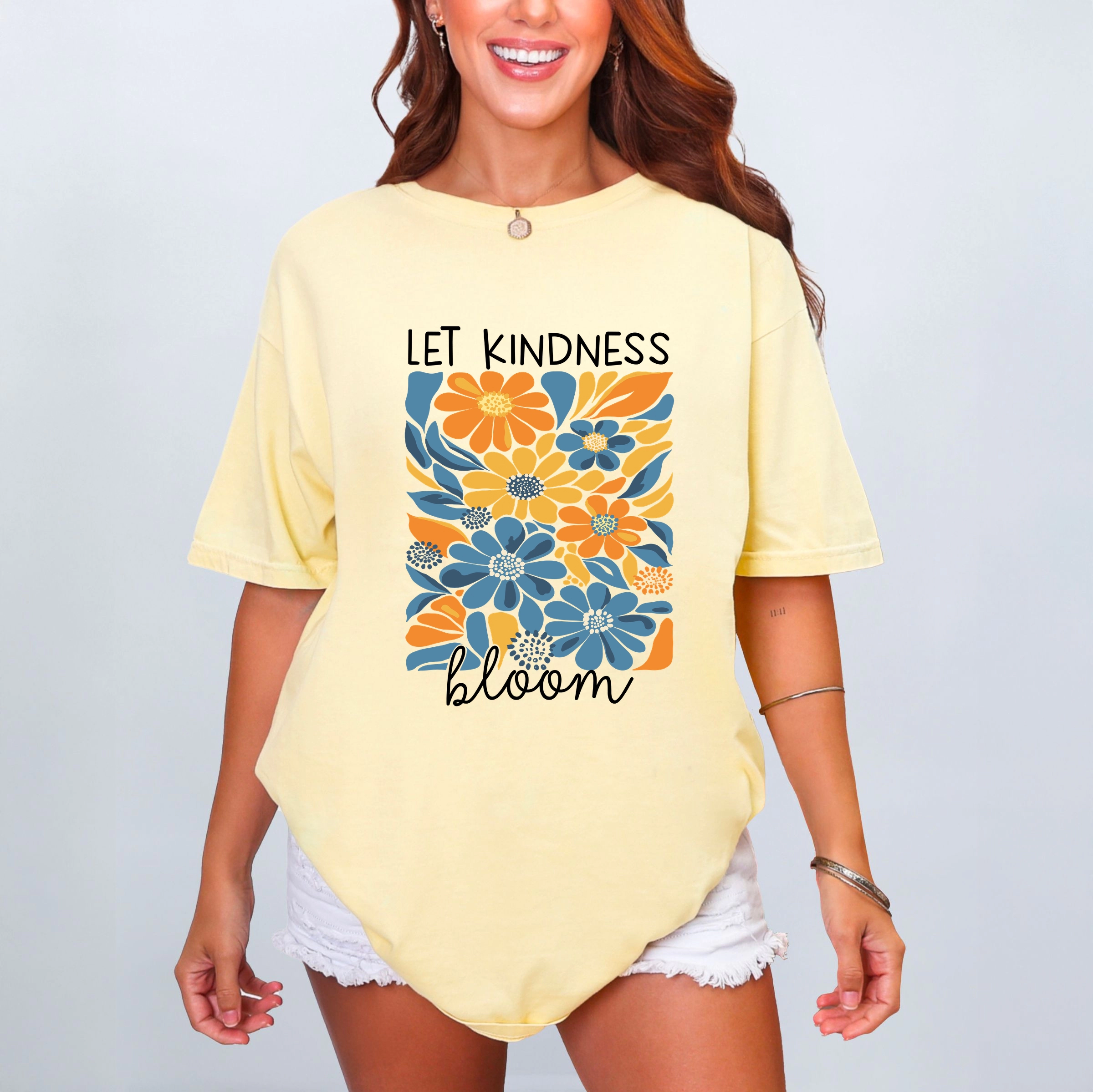 Simply Sage Market - Let Kindness Bloom Blue and Orange Flowers Women's Garment Dyed Graphic T-Shirt